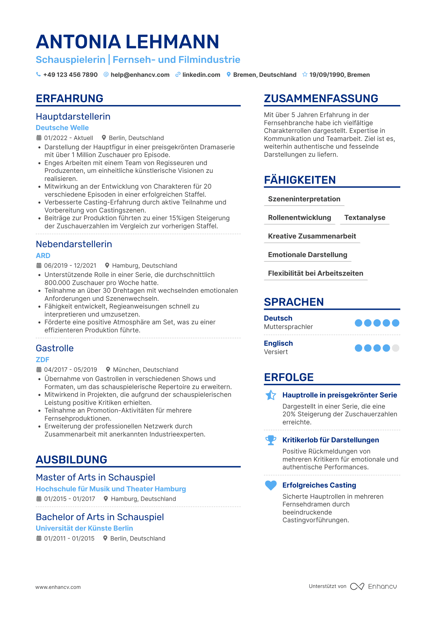 Lebenslauf in Fernsehindustrie Schauspieler Resume Example