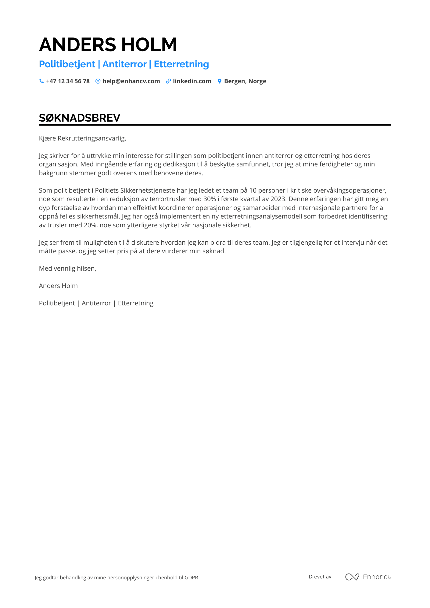 Søknadsbrev for Politibetjent antiterror Resume Example