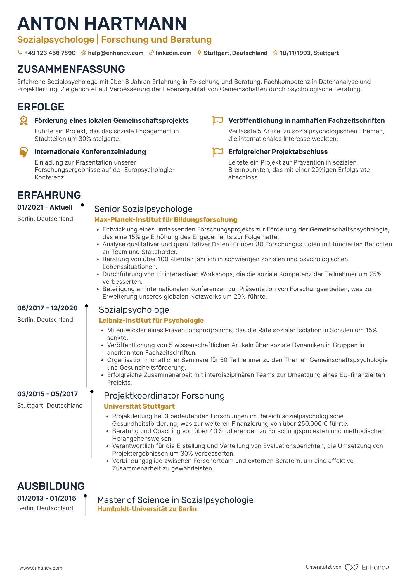 Lebenslauf als Sozialpsychologe Resume Example
