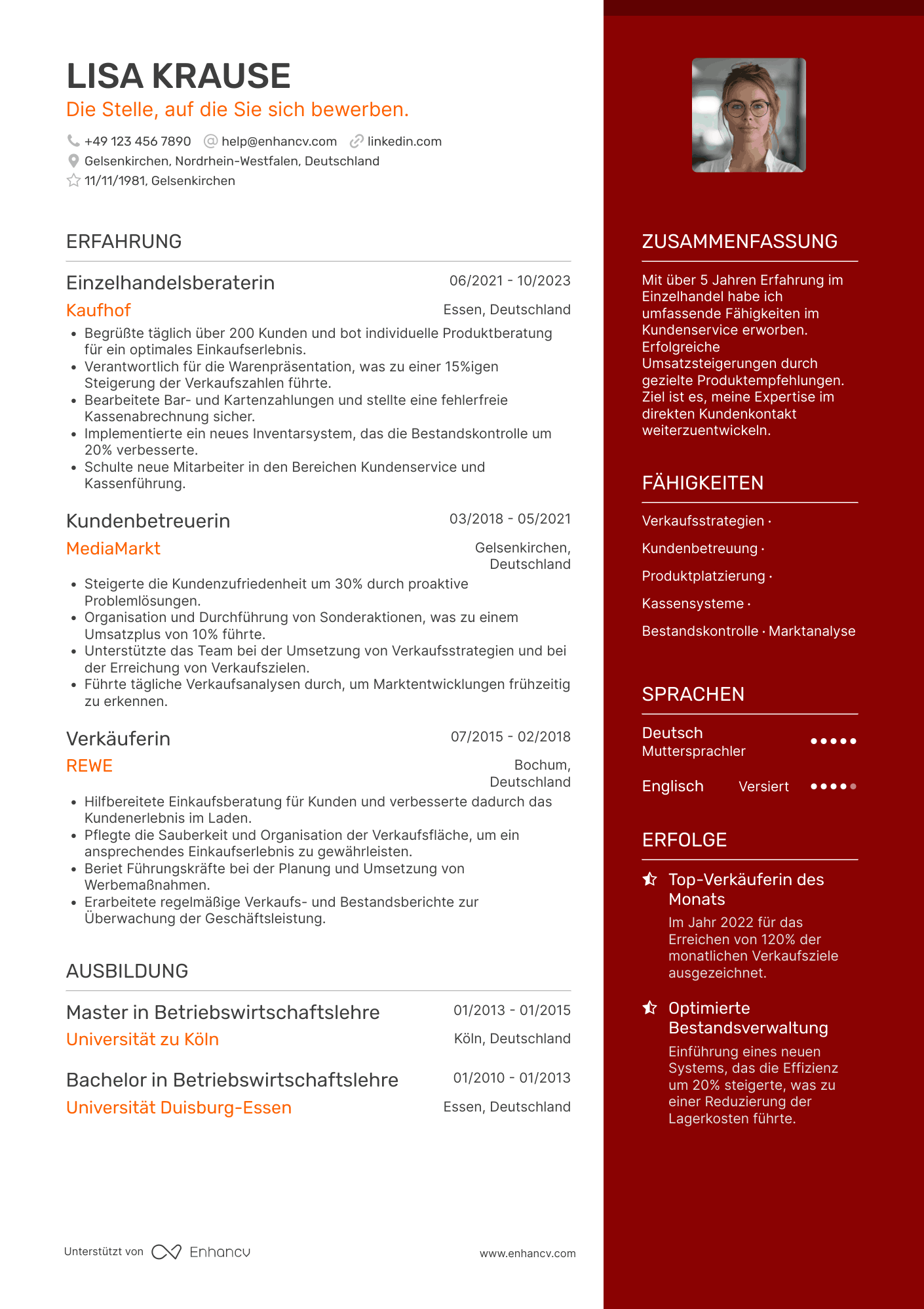 Lebenslauf als Einzelhandelsberater Resume Example