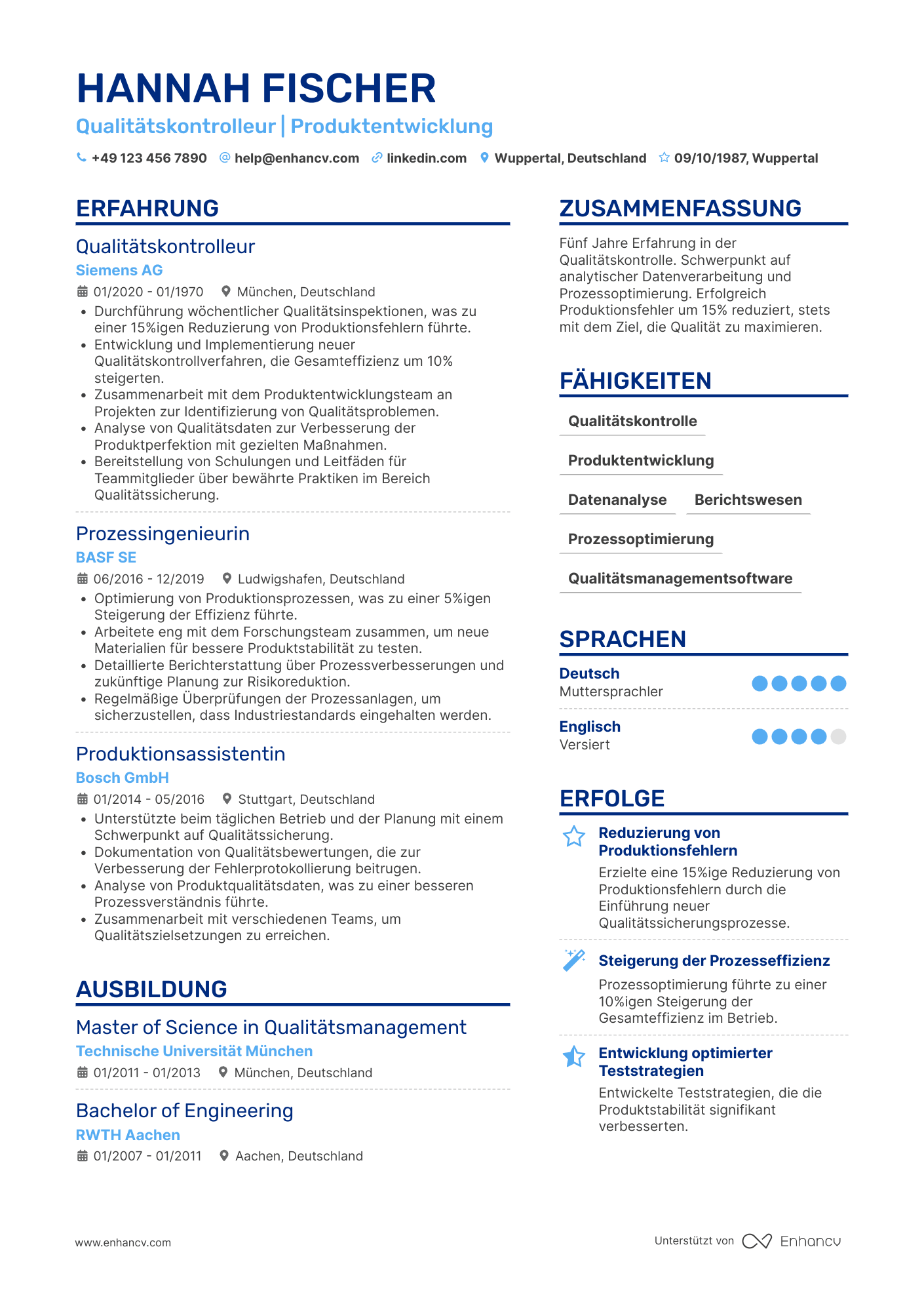 Lebenslauf als Qualitätskontrolleur für Produktentwicklung Resume Example