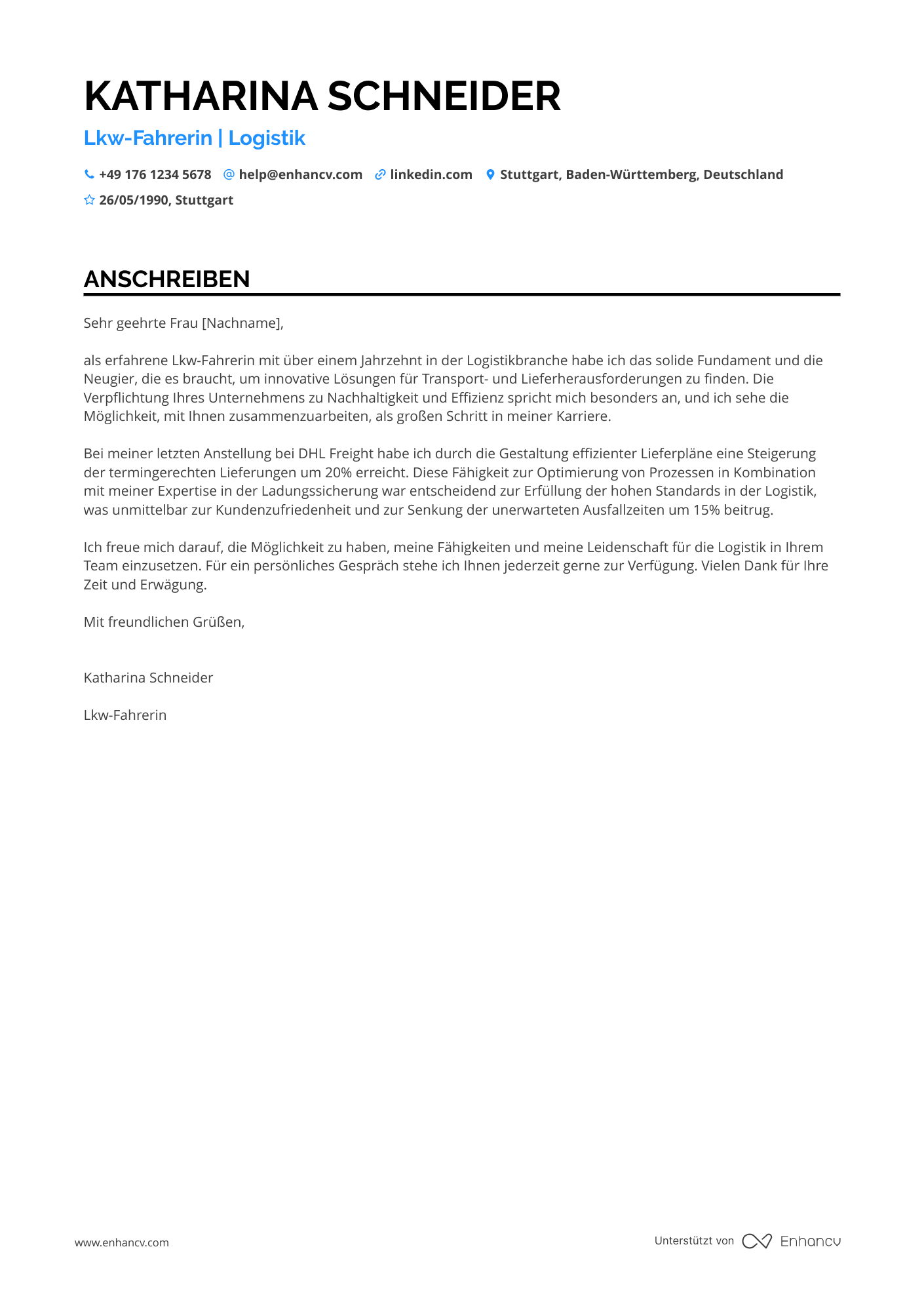 Fahrer in der Logistikbranche Resume Example