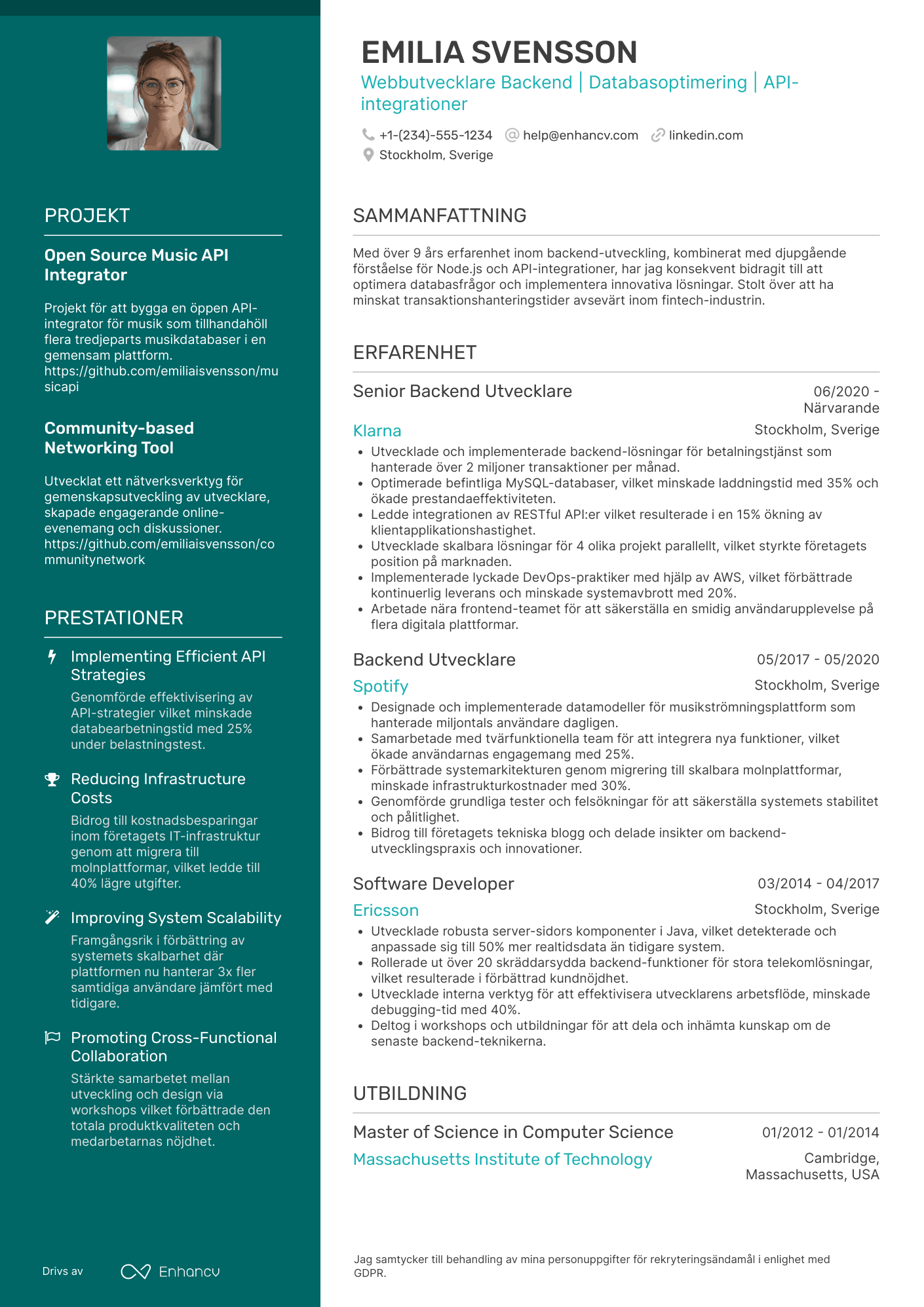 CV för Webbutvecklare Backend Resume Example