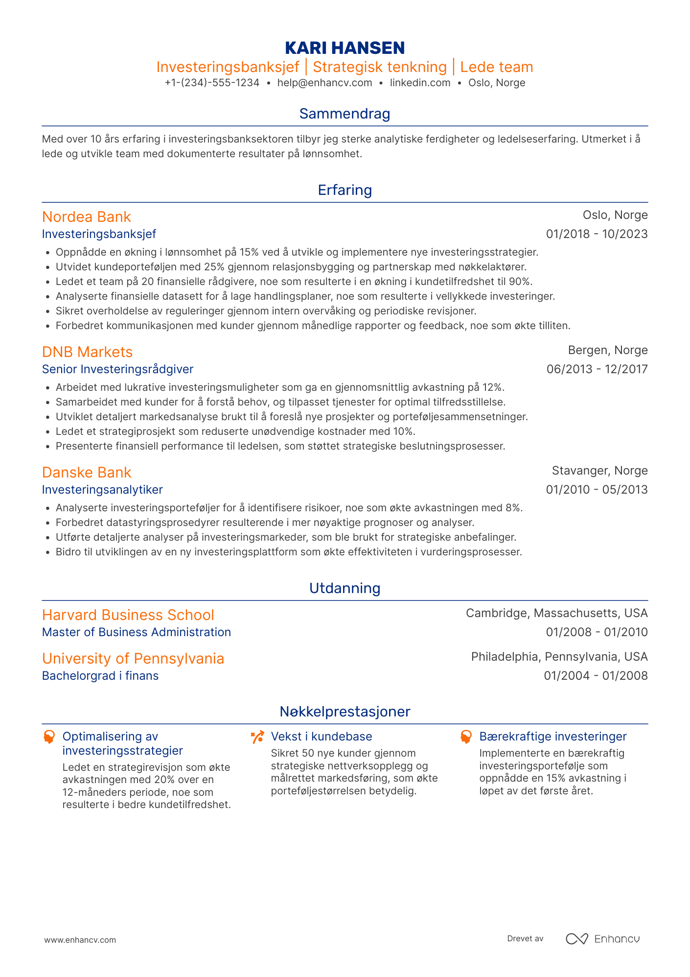 CV for Investeringsbanksjef Resume Example
