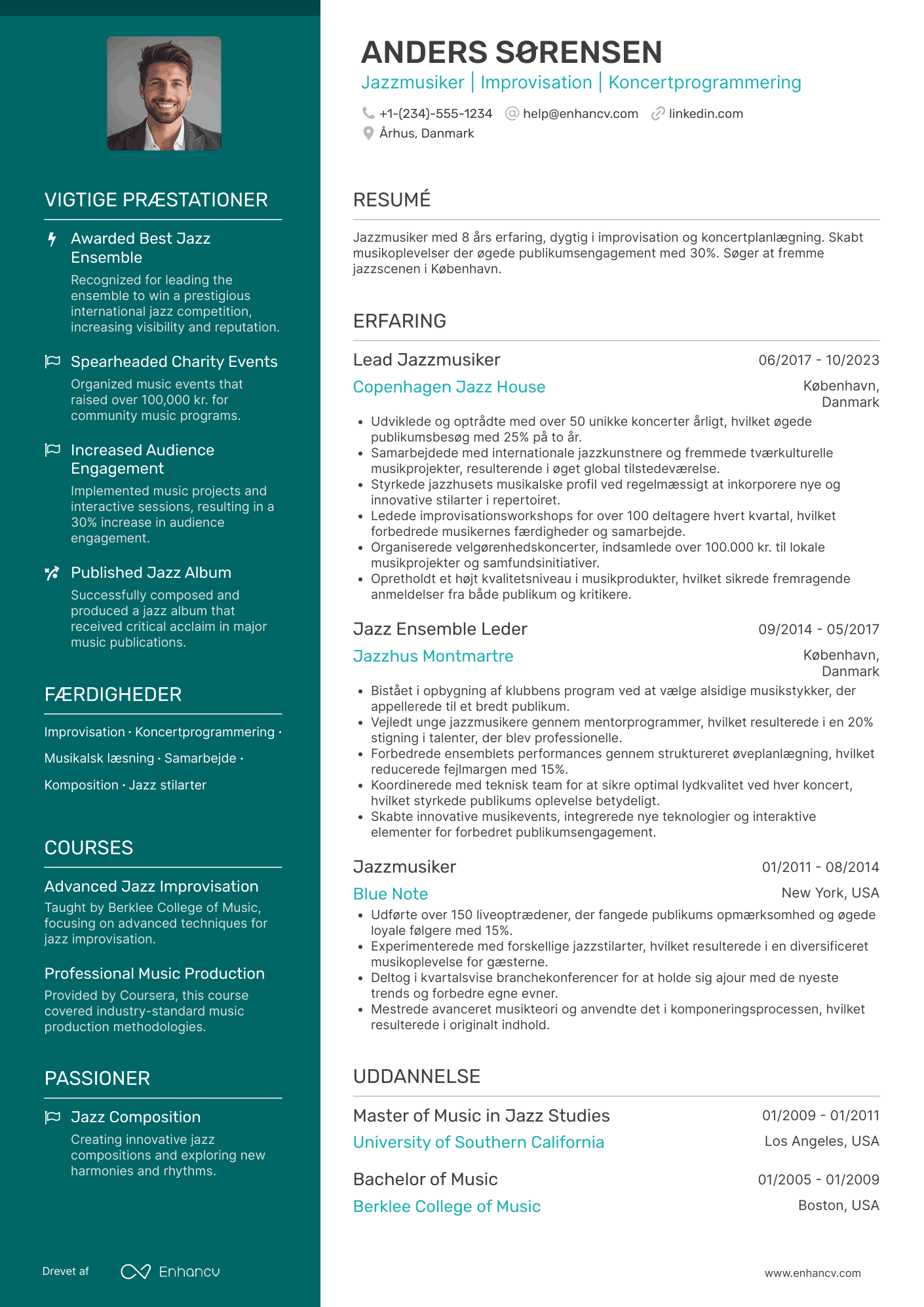 CV til Jazzmusiker Resume Example