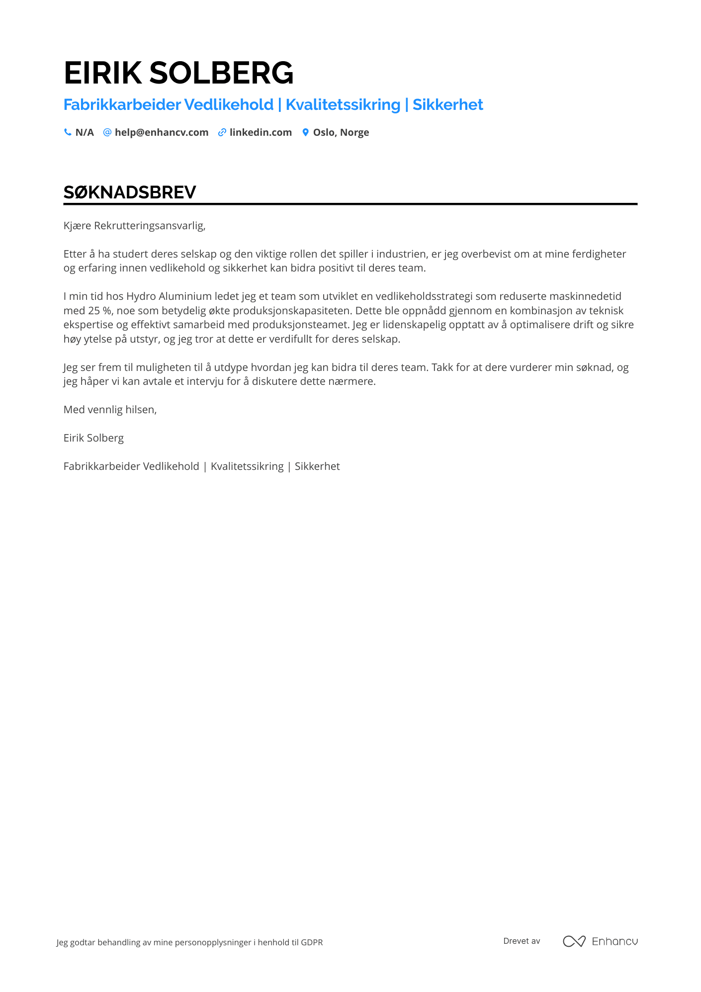 Søknadsbrev for Fabrikkarbeider Vedlikehold Resume Example