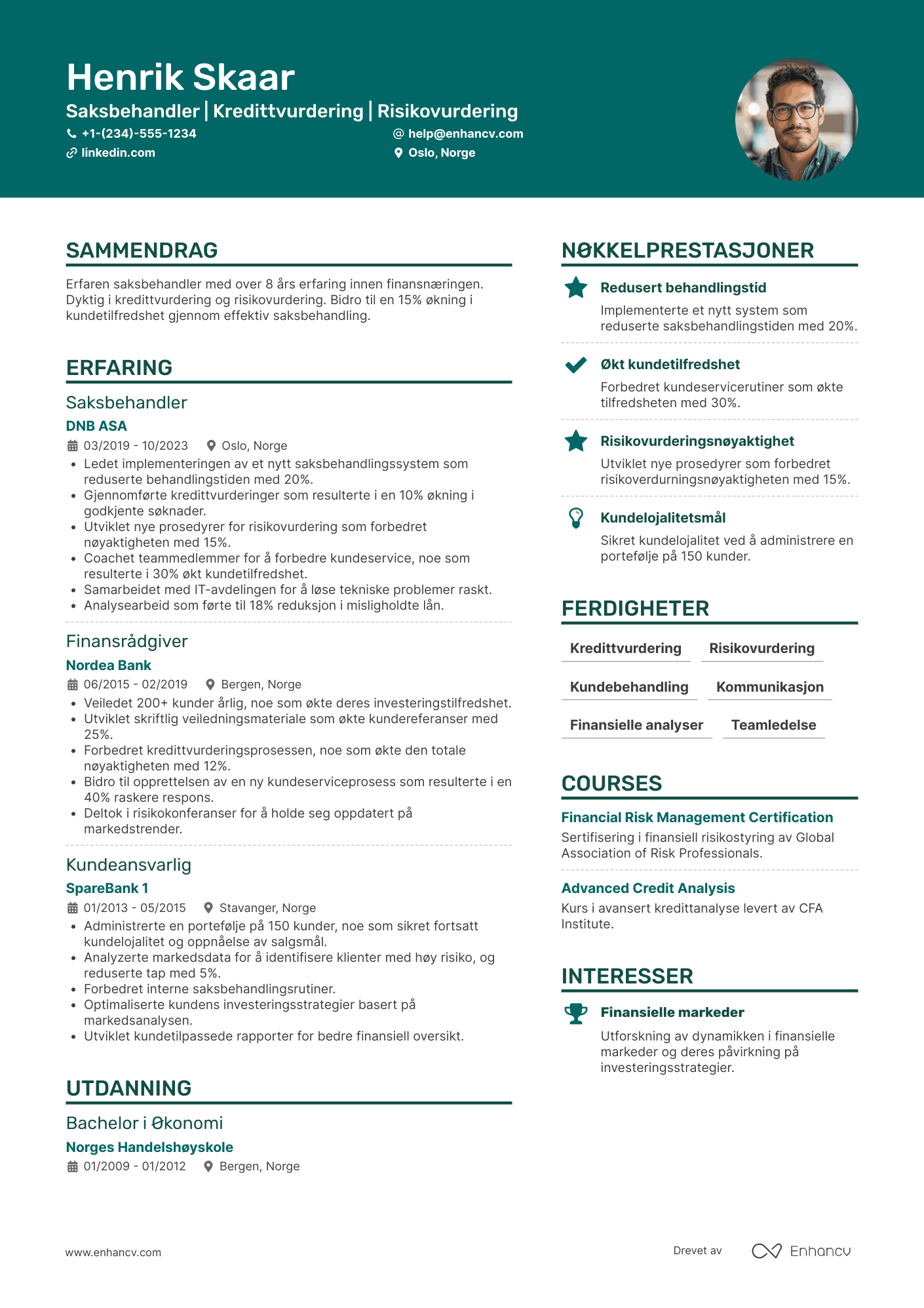 CV for Saksbehandler i Finansnæringen Resume Example