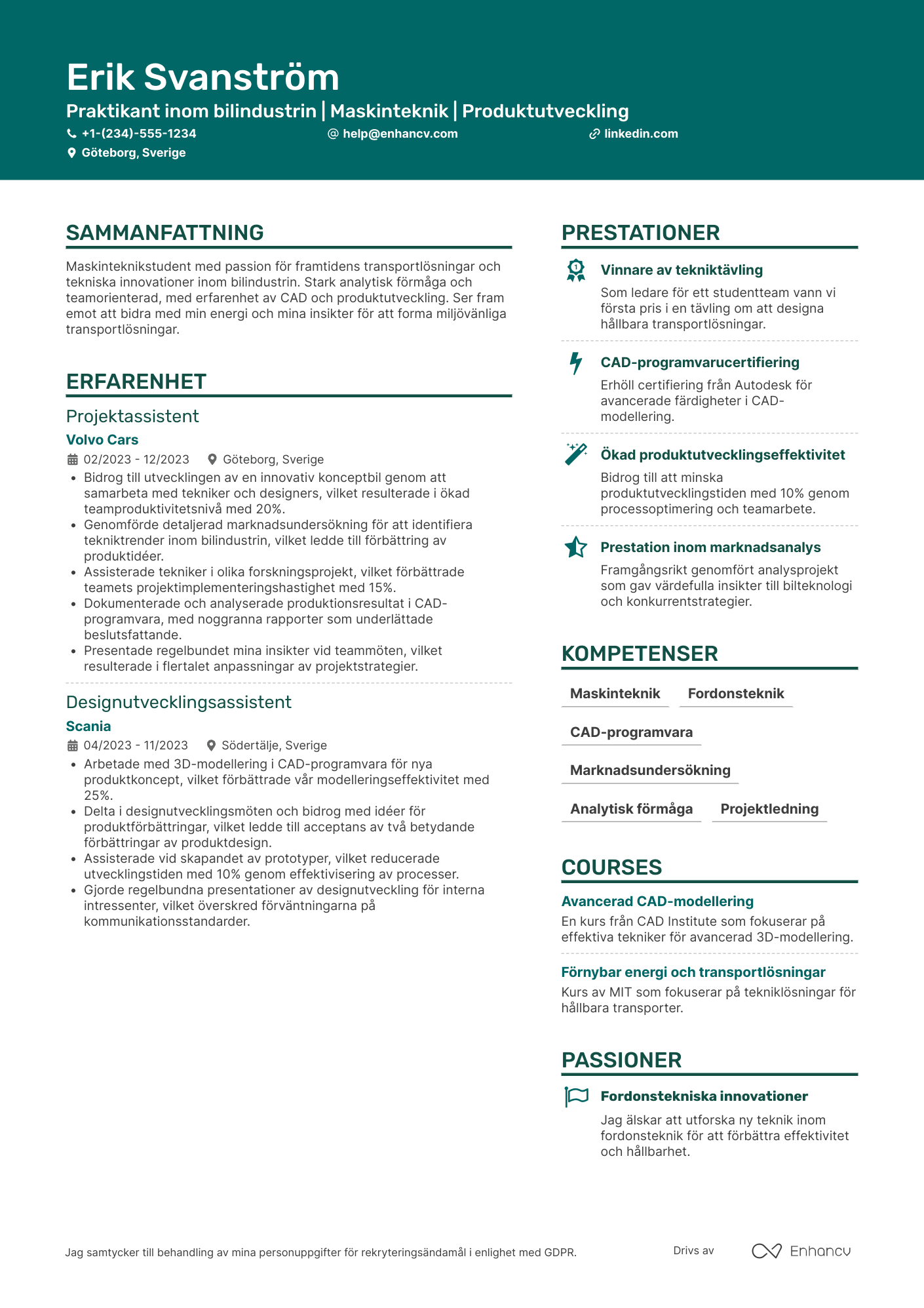 CV för Praktikant in der Automobilindustrie Resume Example