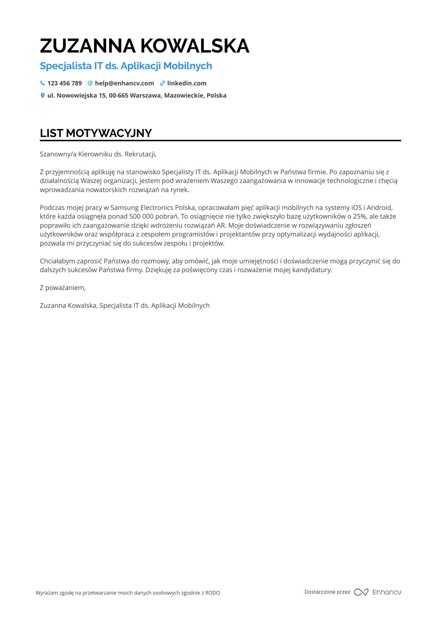 List motywacyjny dla Specjalista IT ds. Aplikacji Mobilnych Resume Example