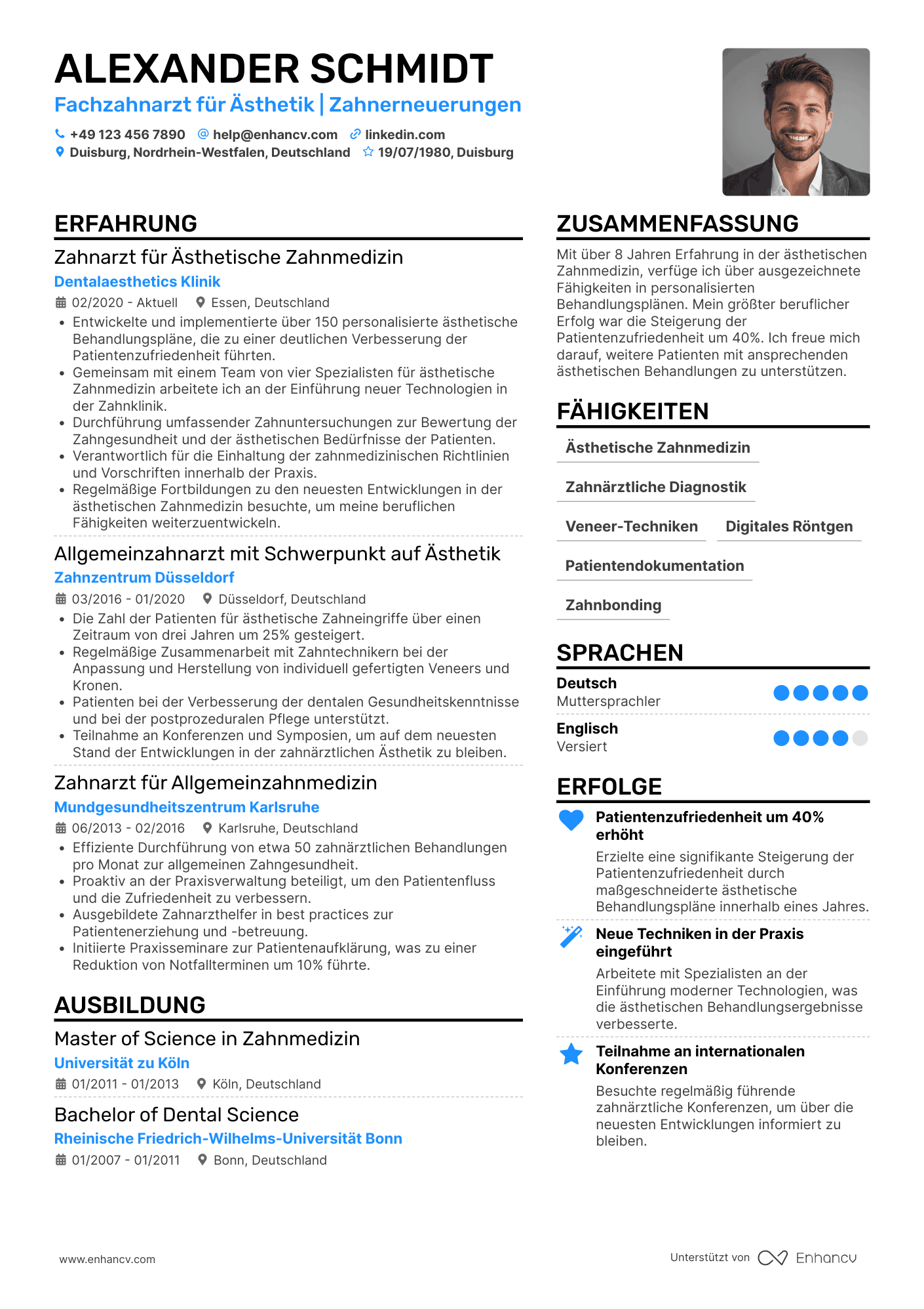 Lebenslauf als Zahnarzt für ästhetische Zahnmedizin Resume Example
