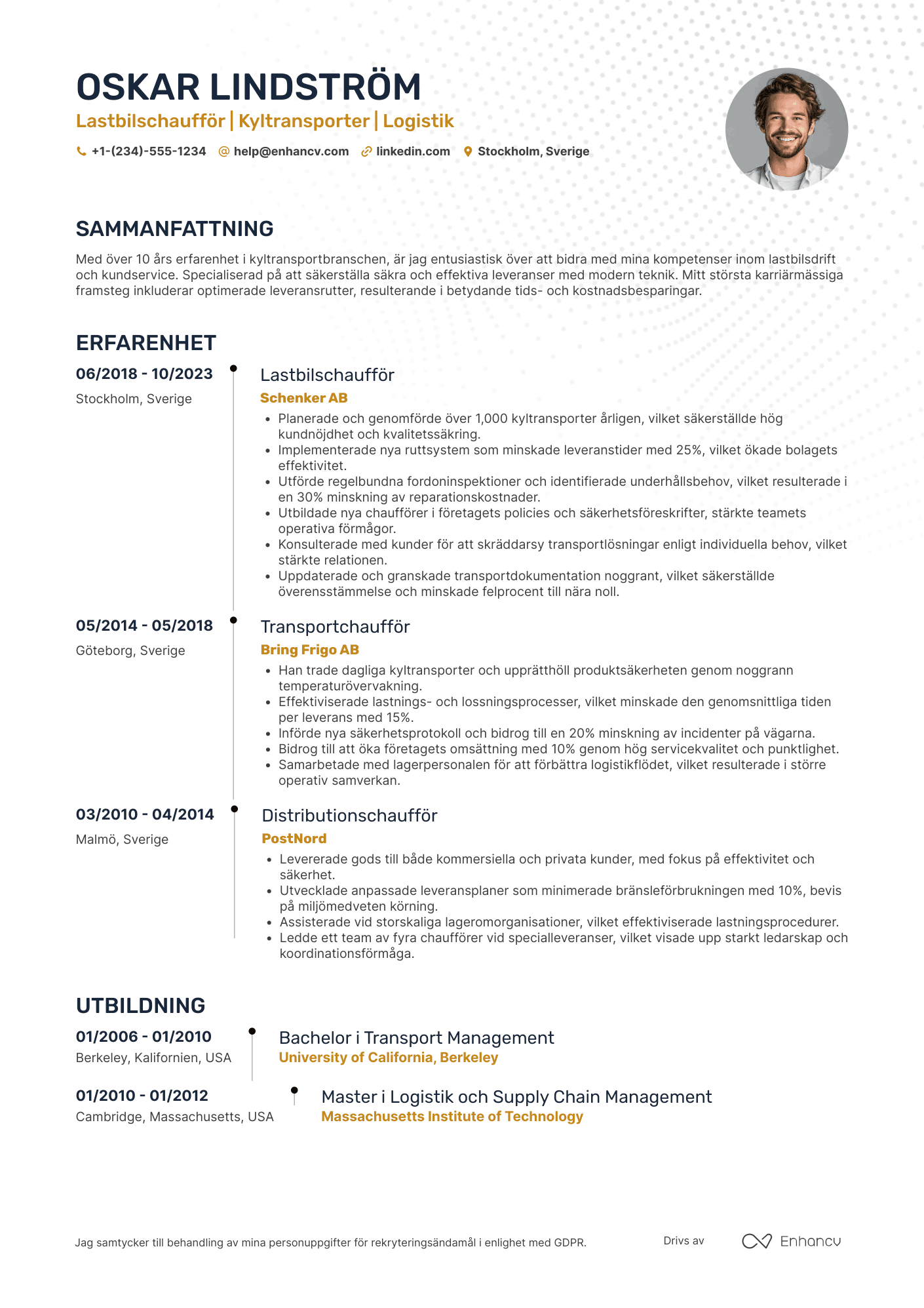 CV för Lastbilschaufför för kyltransporter Resume Example