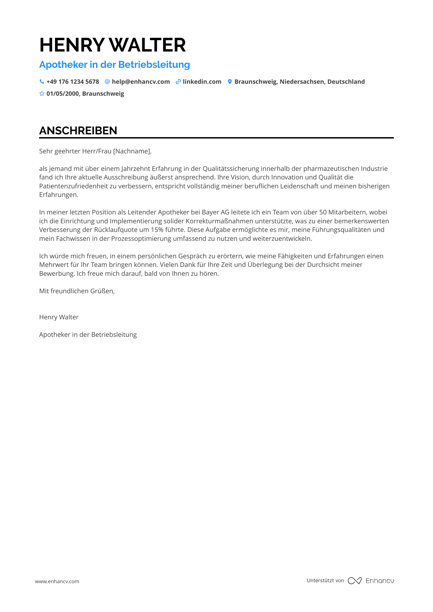 Apotheker in der Betriebsleitung Resume Example