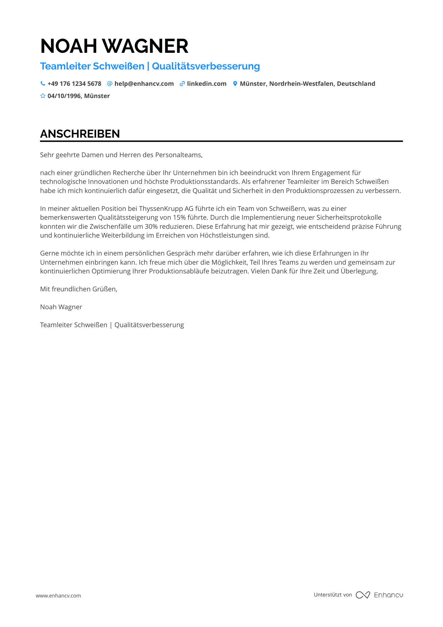 Schweißer Teamleiter Resume Example