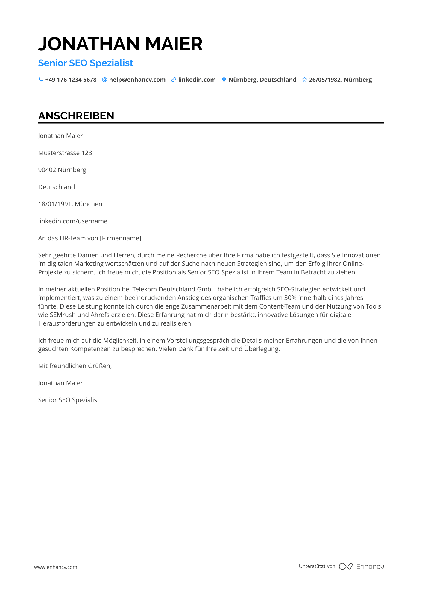 SEO Spezialist für die Technologiebranche Resume Example