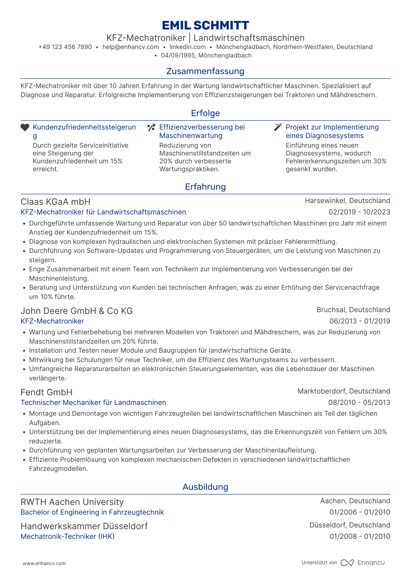 Lebenslauf in KFZ Mechatroniker in der Landwirtschaft Resume Example