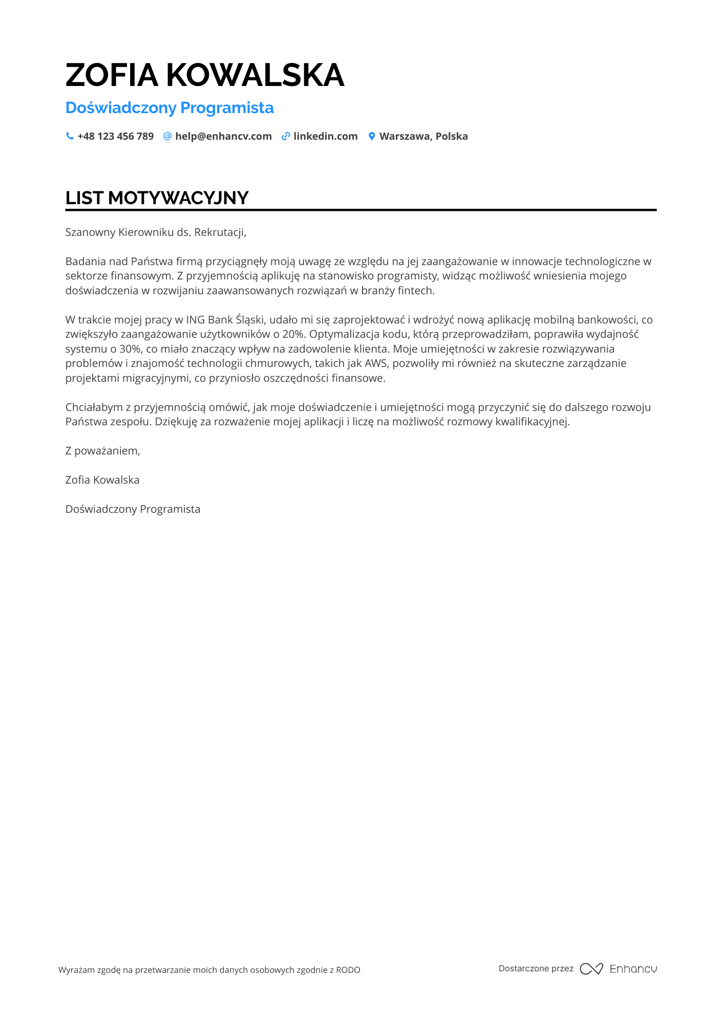 List motywacyjny dla Programista dla Fintech Resume Example