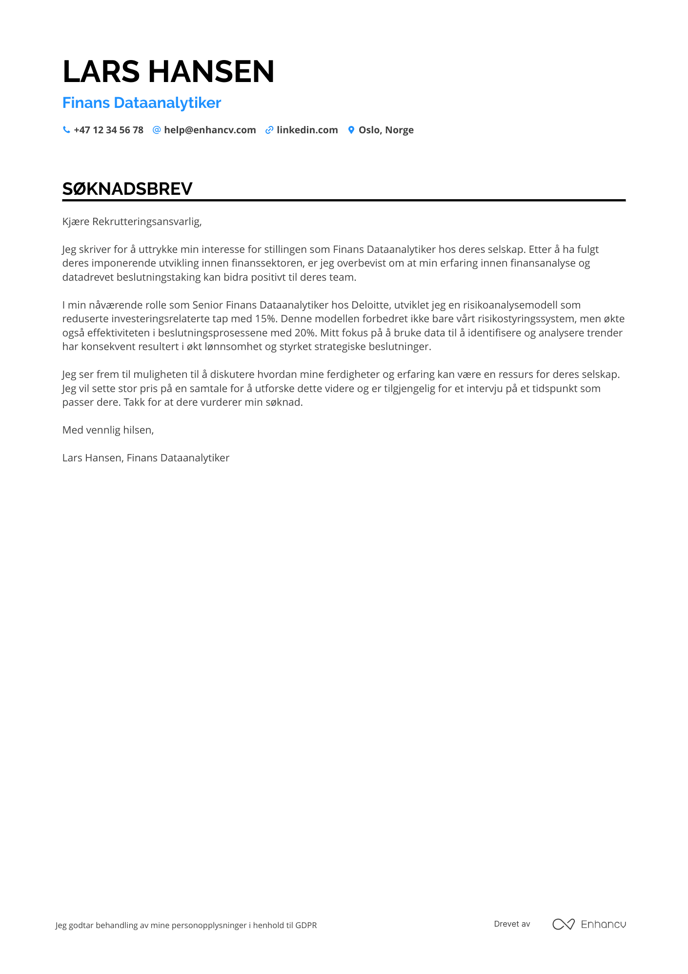 Søknadsbrev for Finans Dataanalytiker Resume Example