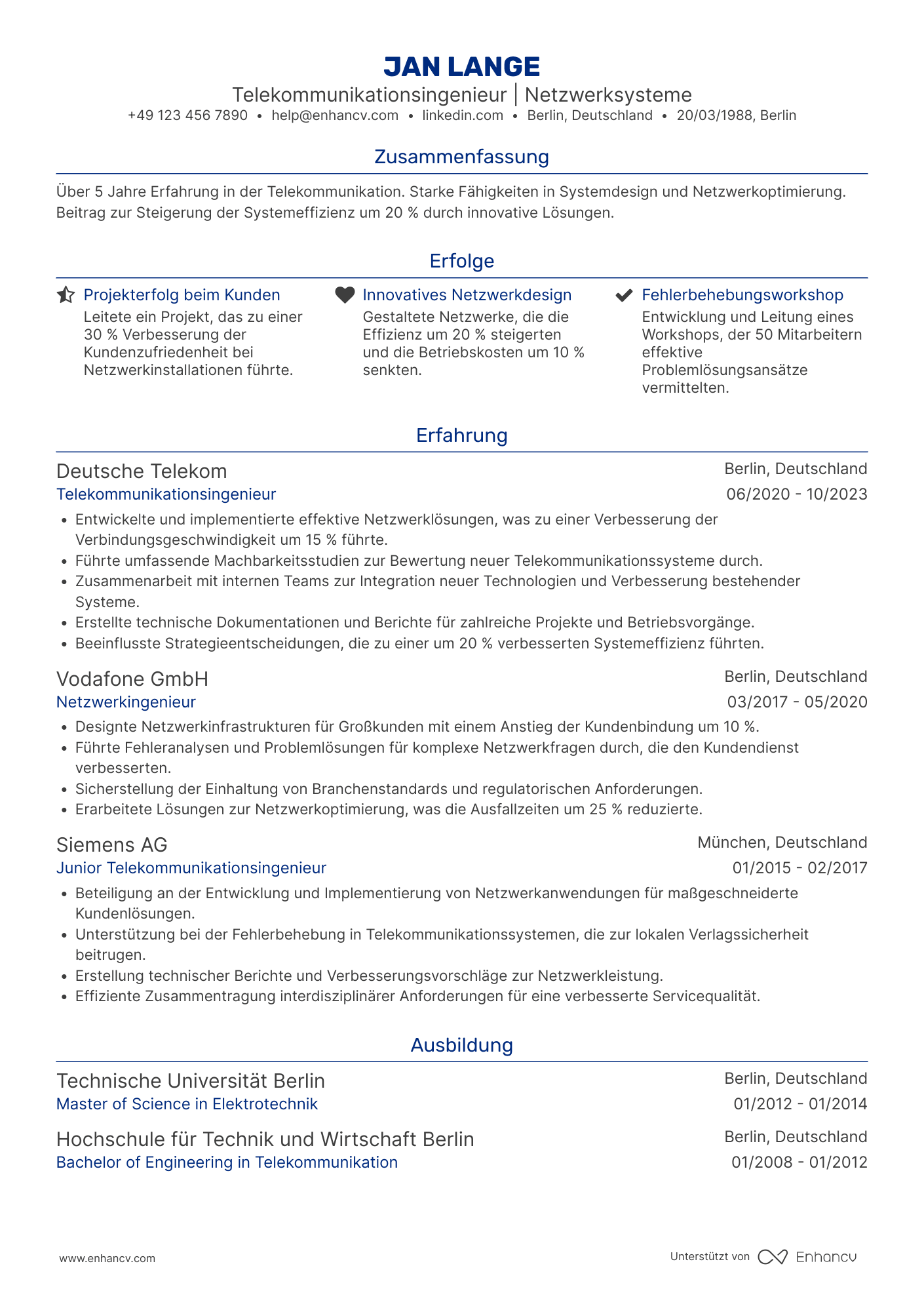 Lebenslauf in Ingenieur für Telekommunikationsindustrie Resume Example