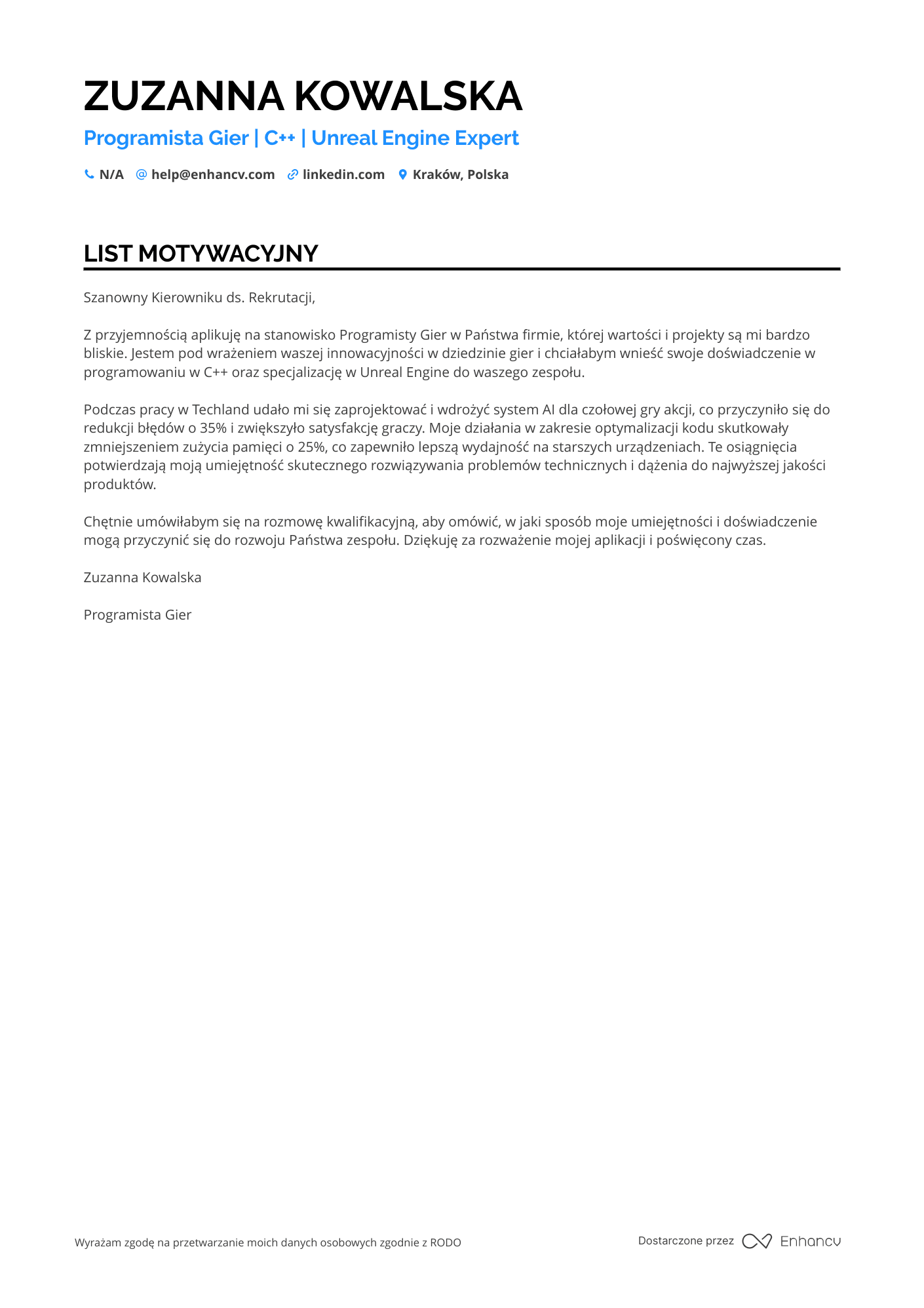 List motywacyjny dla Programista Gier Resume Example
