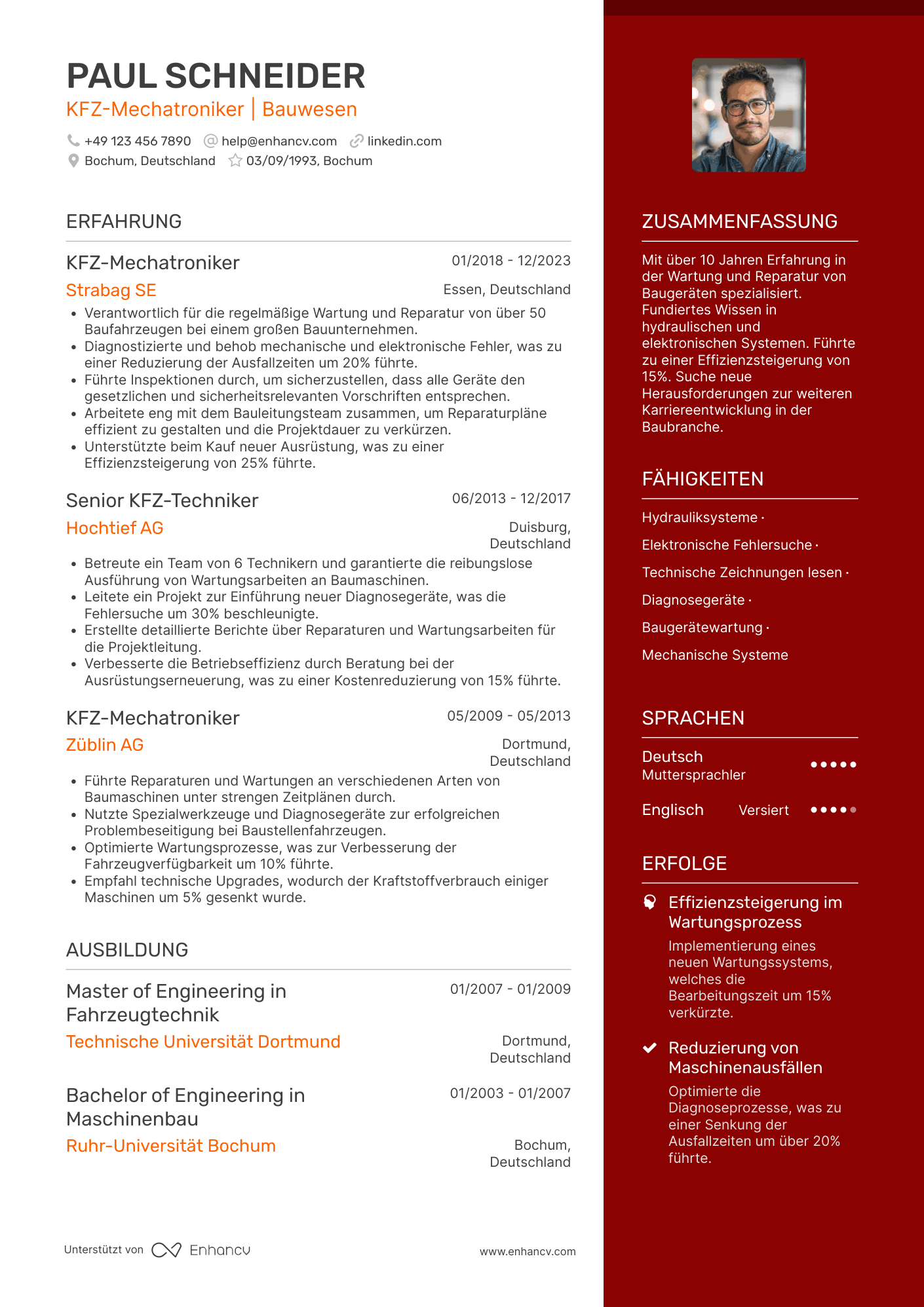 Lebenslauf in KFZ Mechatroniker in der Baubranche Resume Example