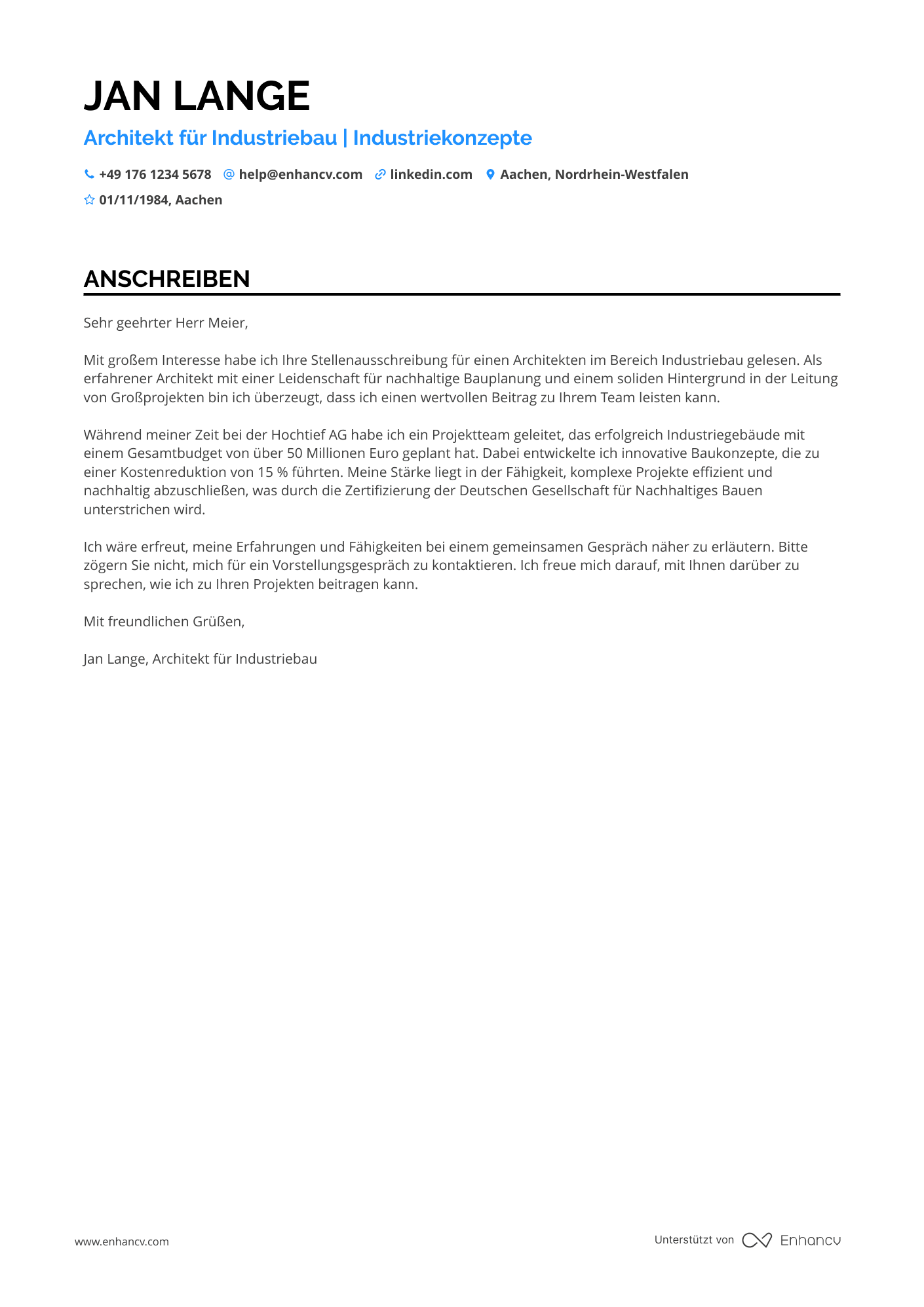 Architekt für Industriebau Resume Example