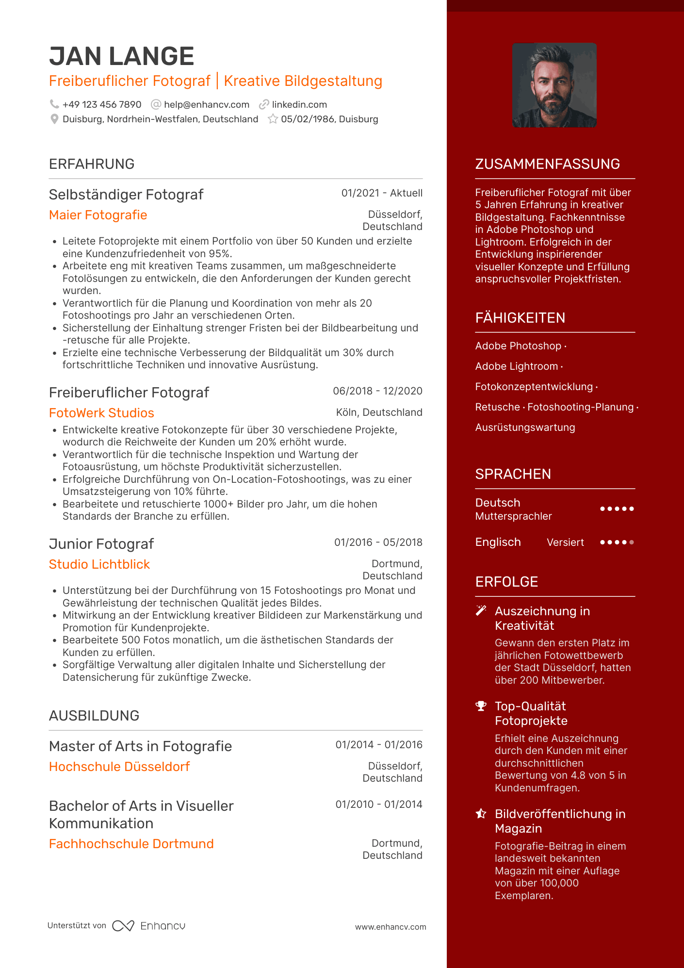 Lebenslauf als Freiberuflicher Fotograf Resume Example