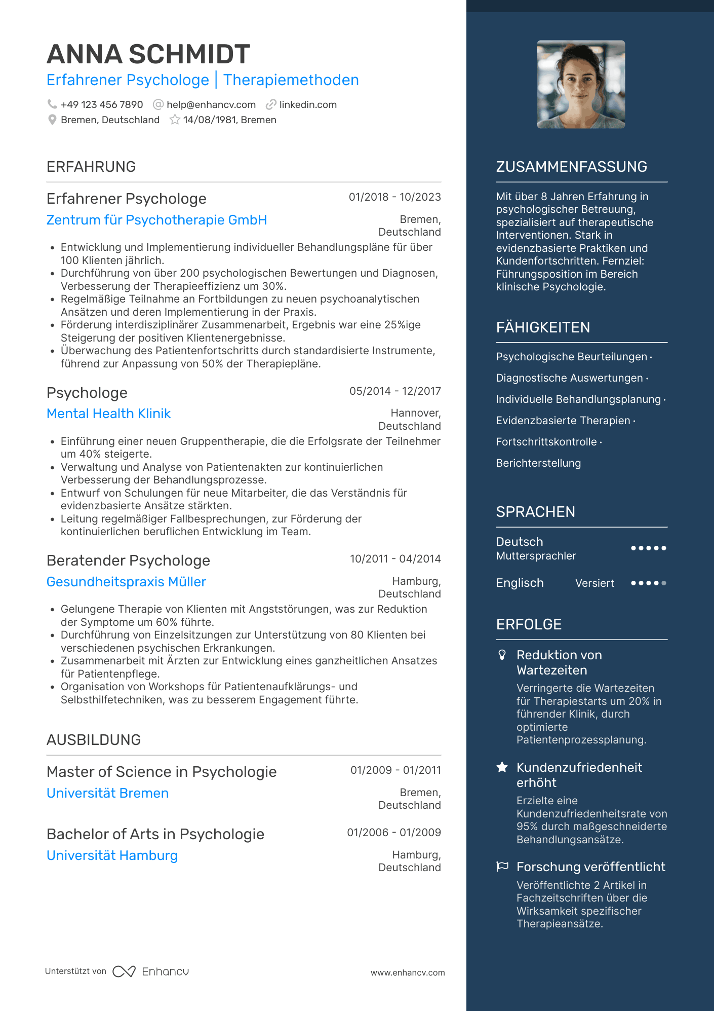 Lebenslauf als Erfahrener Psychologe Resume Example