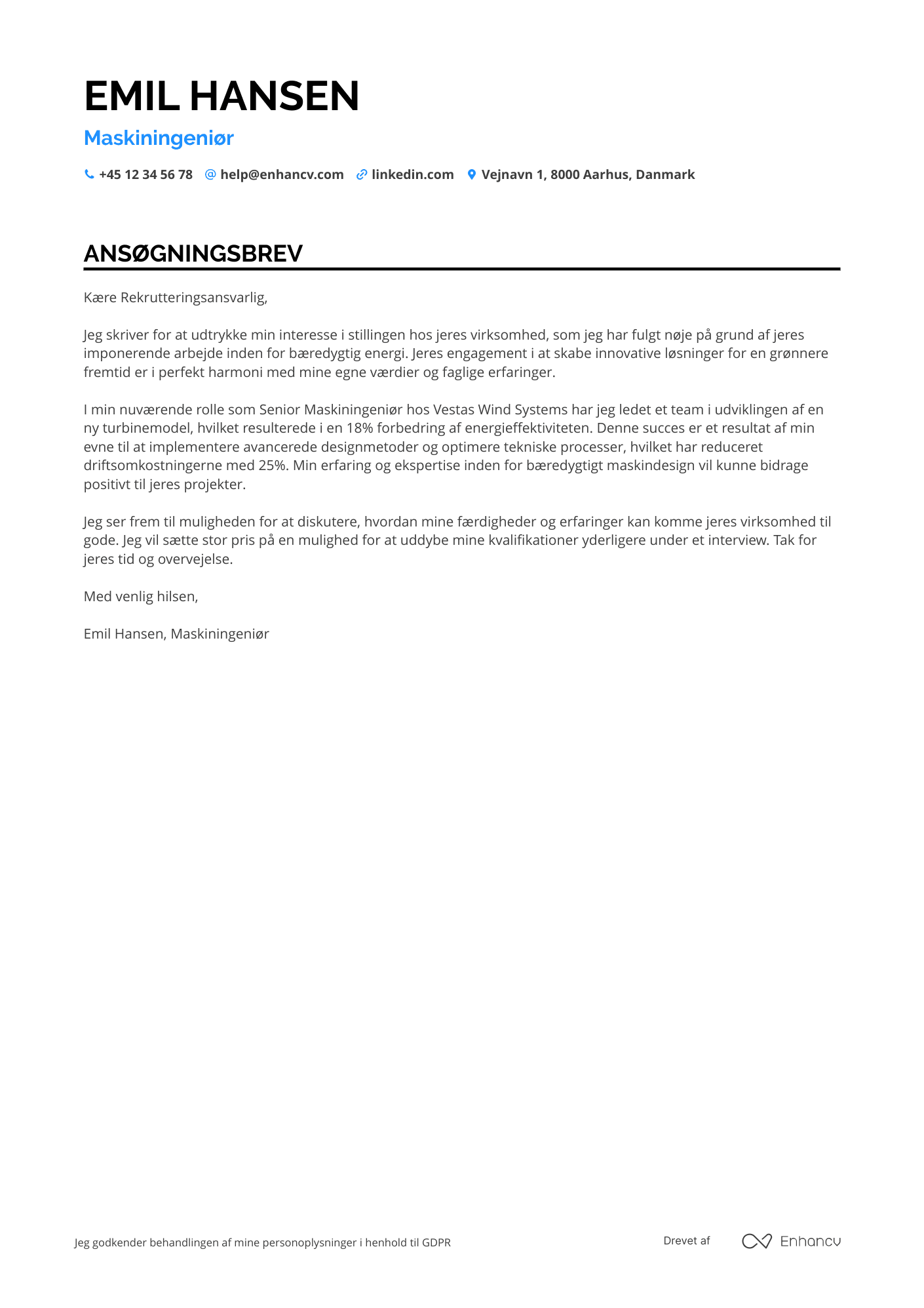 Ansøgningsbrev til Maskiningeniør i miljøteknologi Resume Example