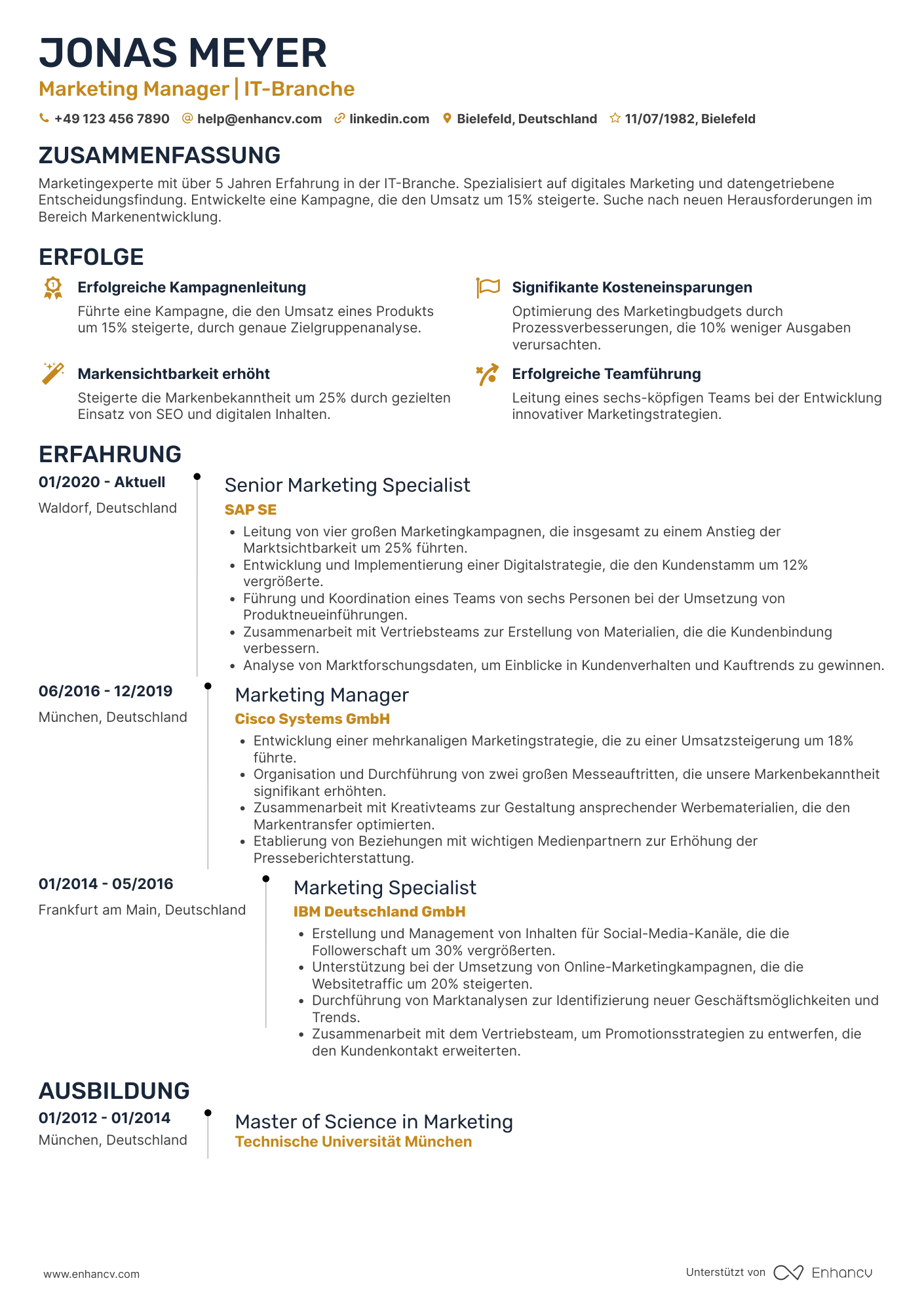 Lebenslauf in Marketing Manager in der IT Branche Resume Example