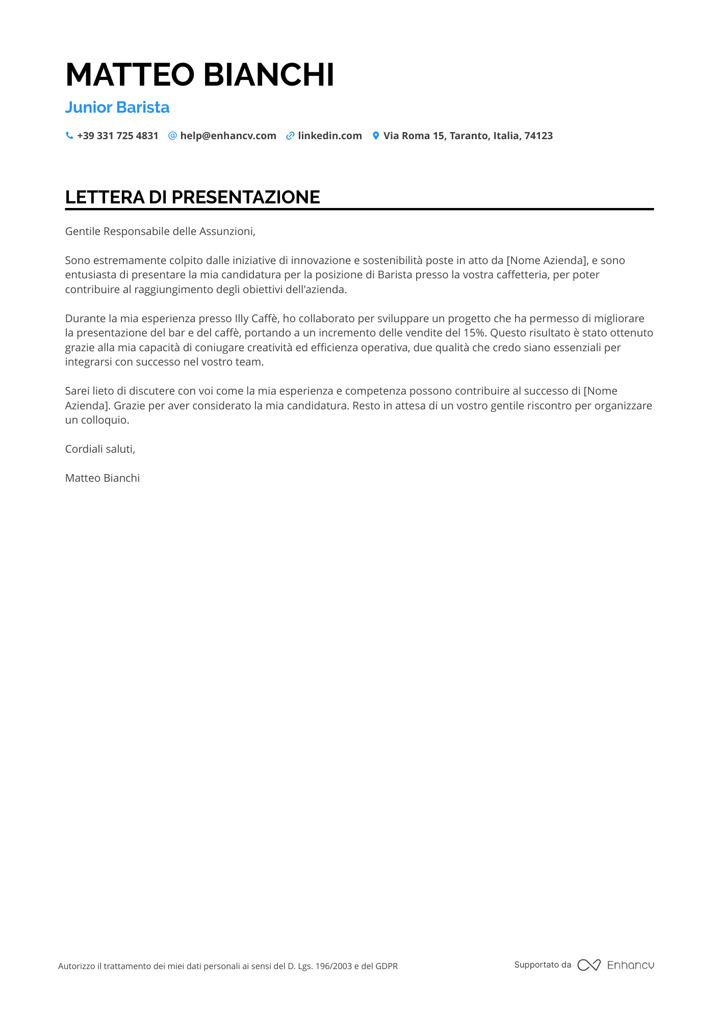 Barista Junior Resume Example