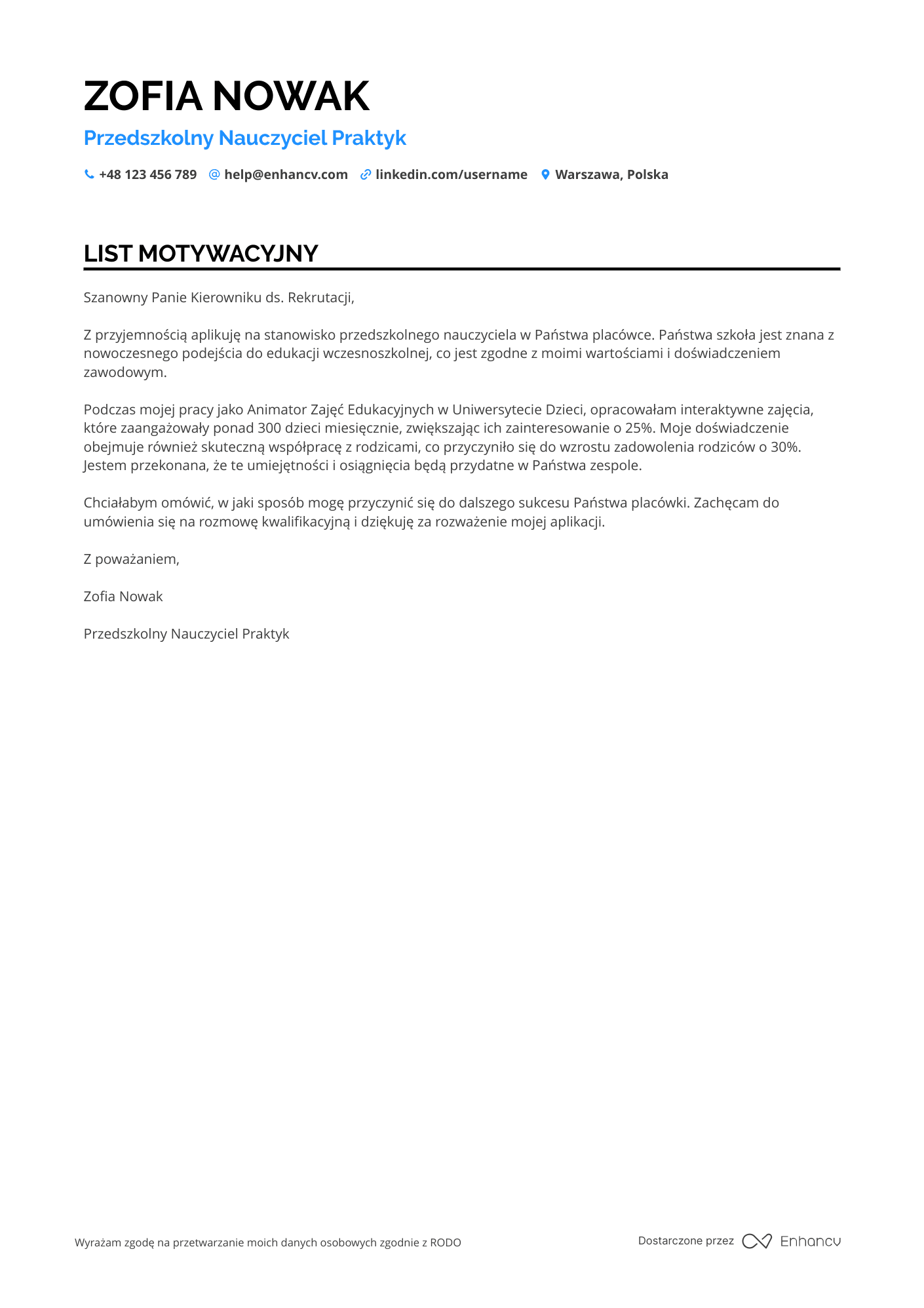 List motywacyjny dla Przedszkolny Nauczyciel Praktyk Resume Example