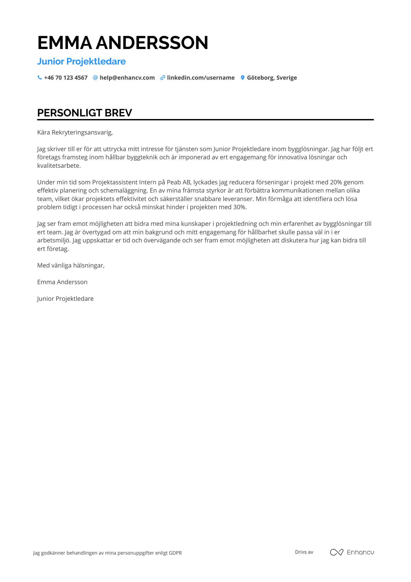 Personligt brev för Junior projektledare Resume Example