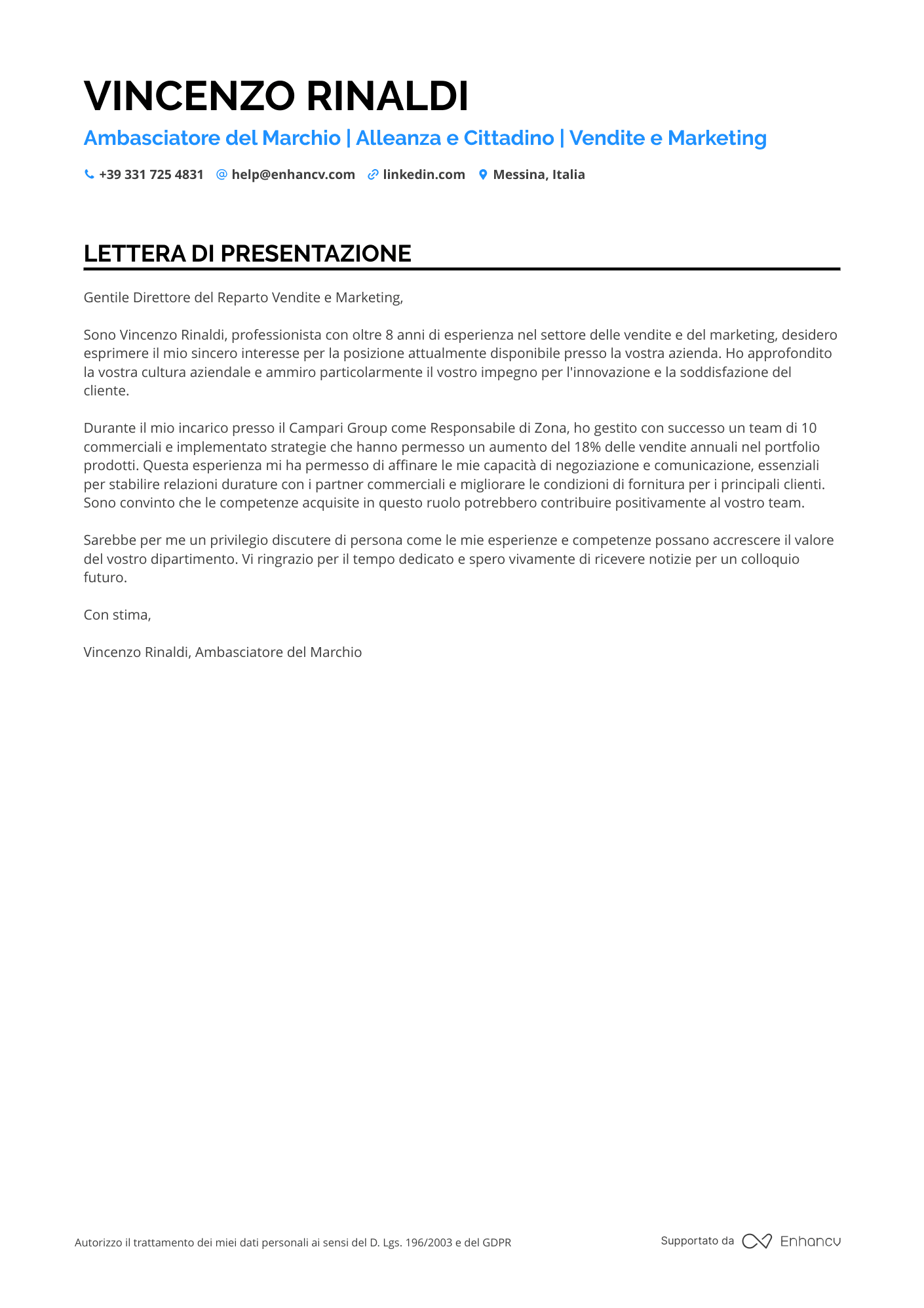Consulente Marketing e Vendite Resume Example