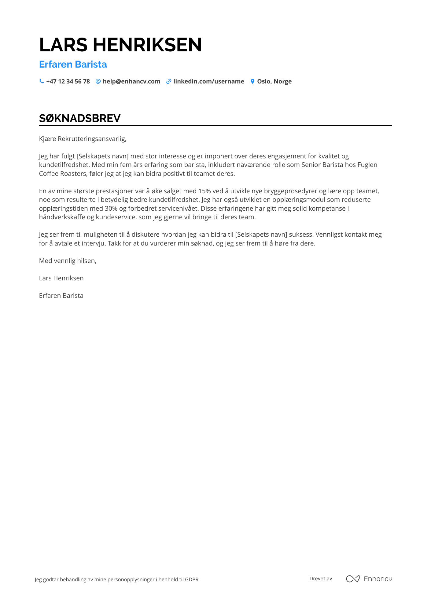 Søknadsbrev for Håndverkskaffe Barista Resume Example