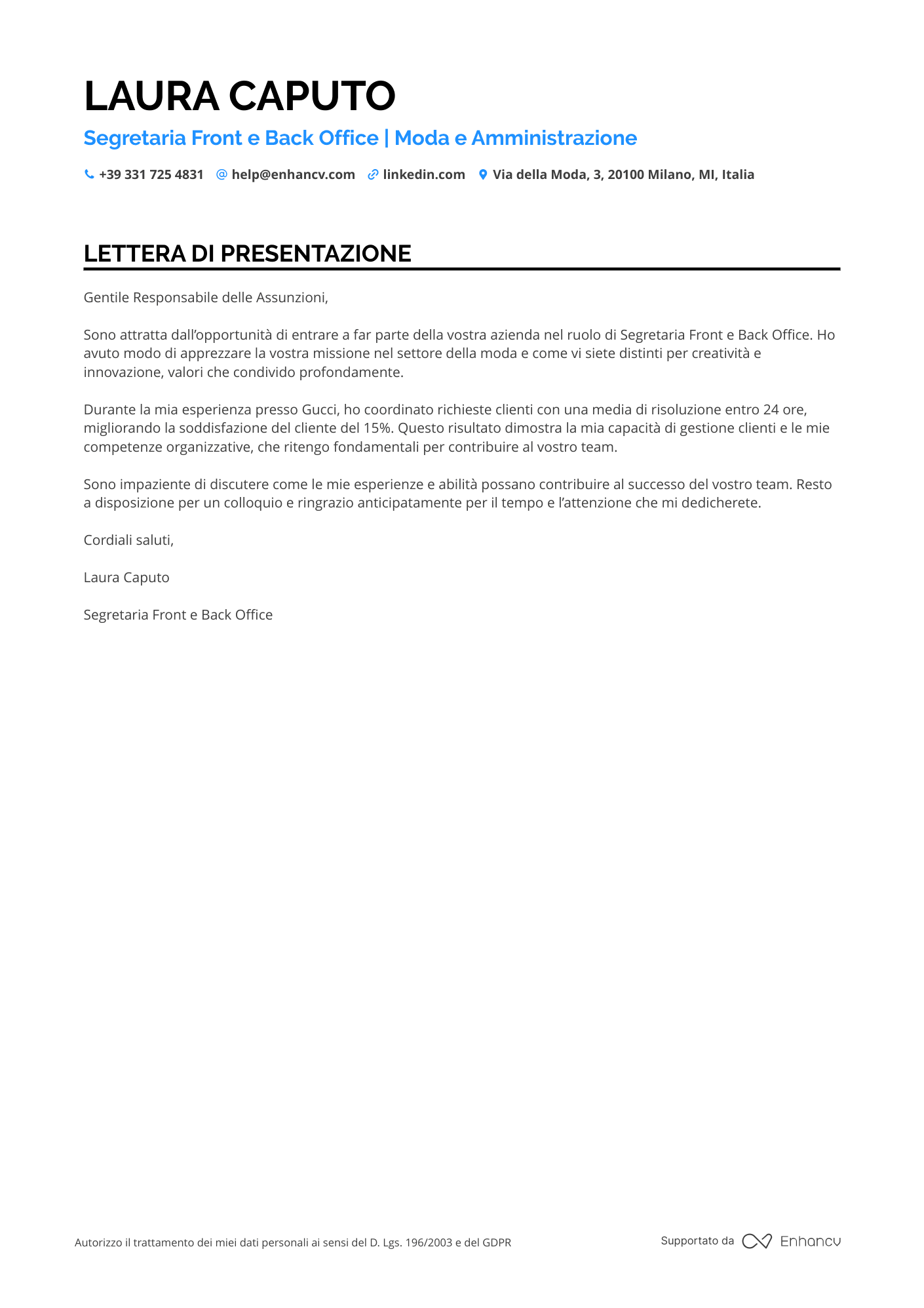 Segretaria di Ricerca e Sviluppo Resume Example
