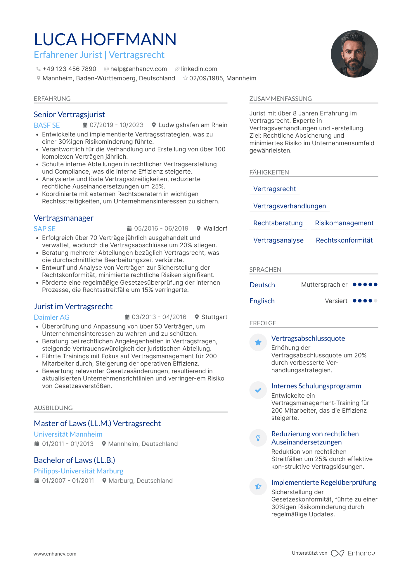 Lebenslauf als Vertragsrecht Jurist Resume Example