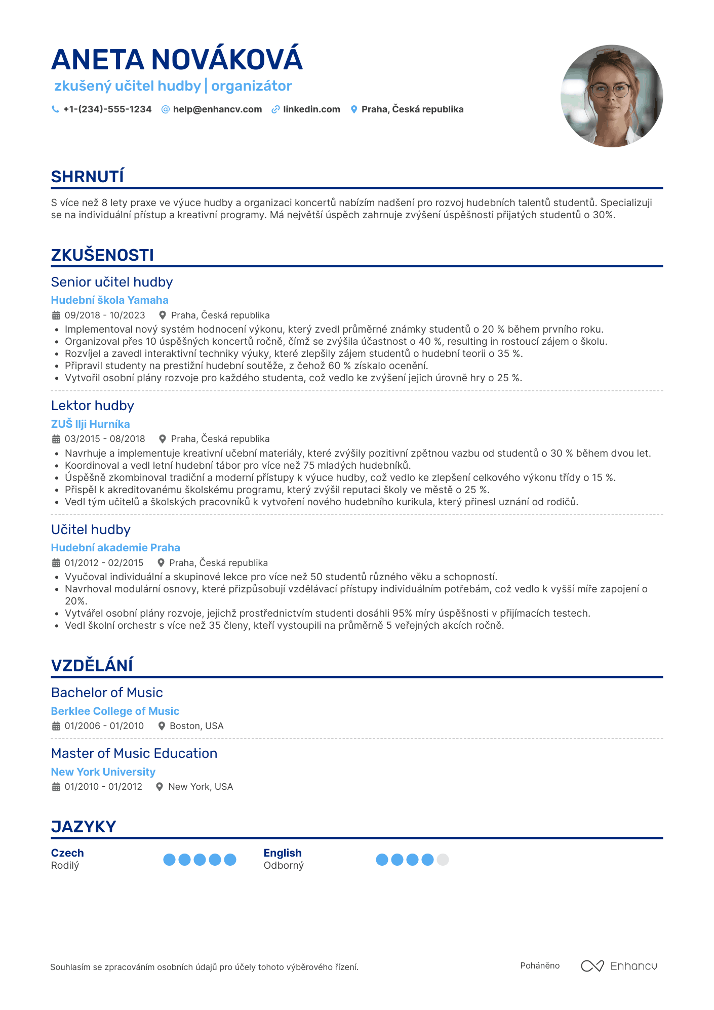 Životopis pro Učitel hudby Resume Example
