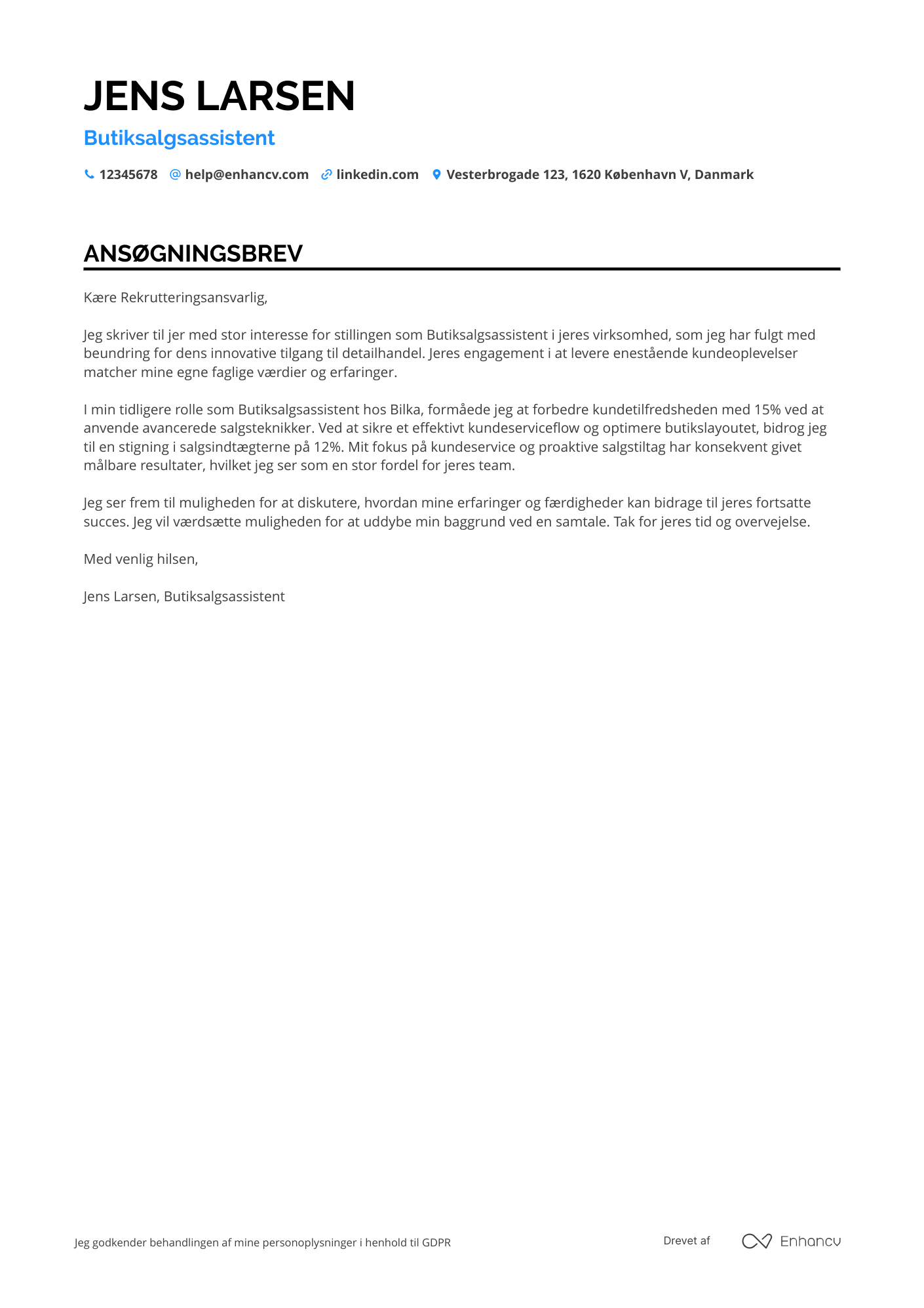 Ansøgningsbrev til Butiksalgsassistent Resume Example