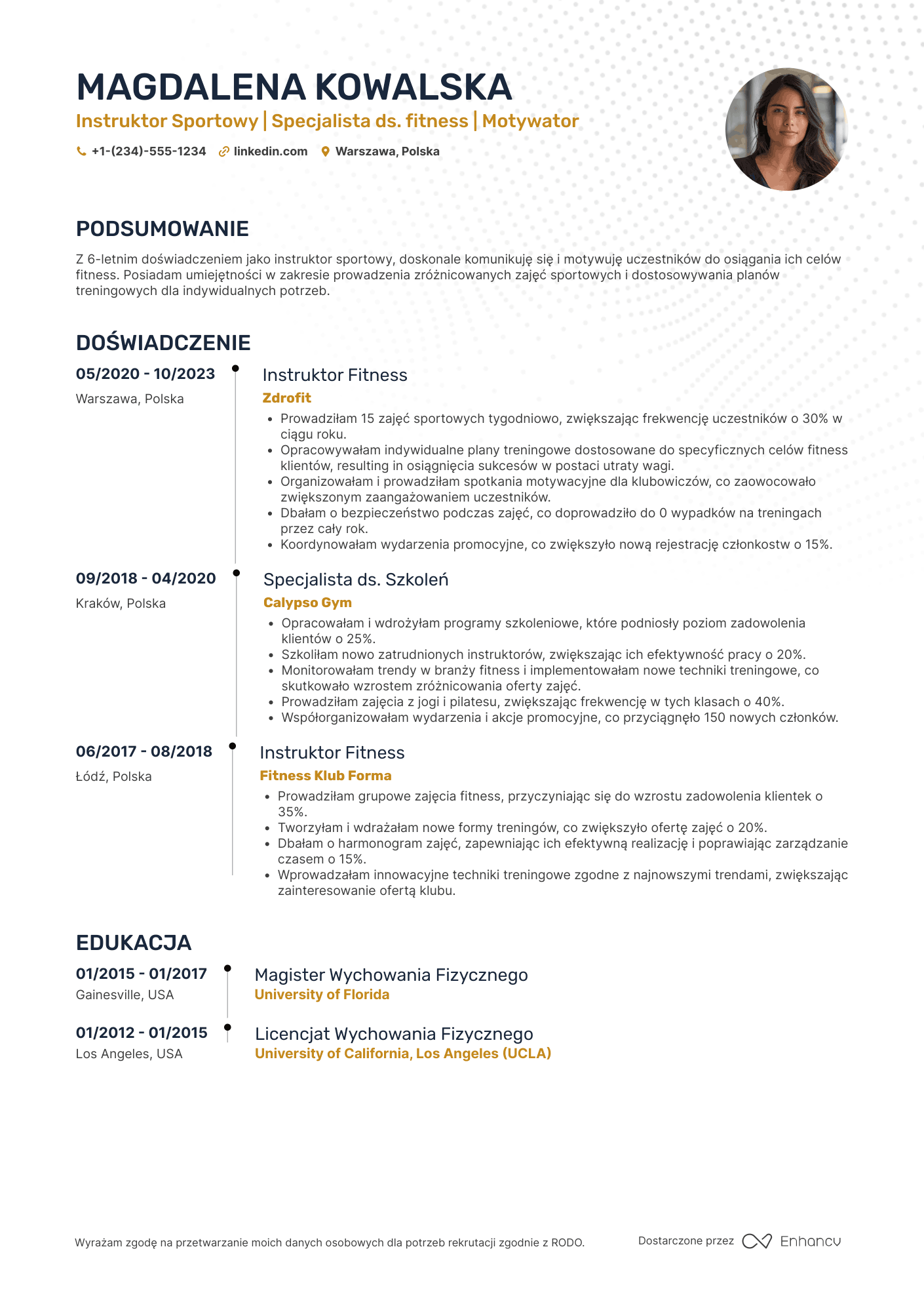 CV dla Instruktor Sportowy Resume Example