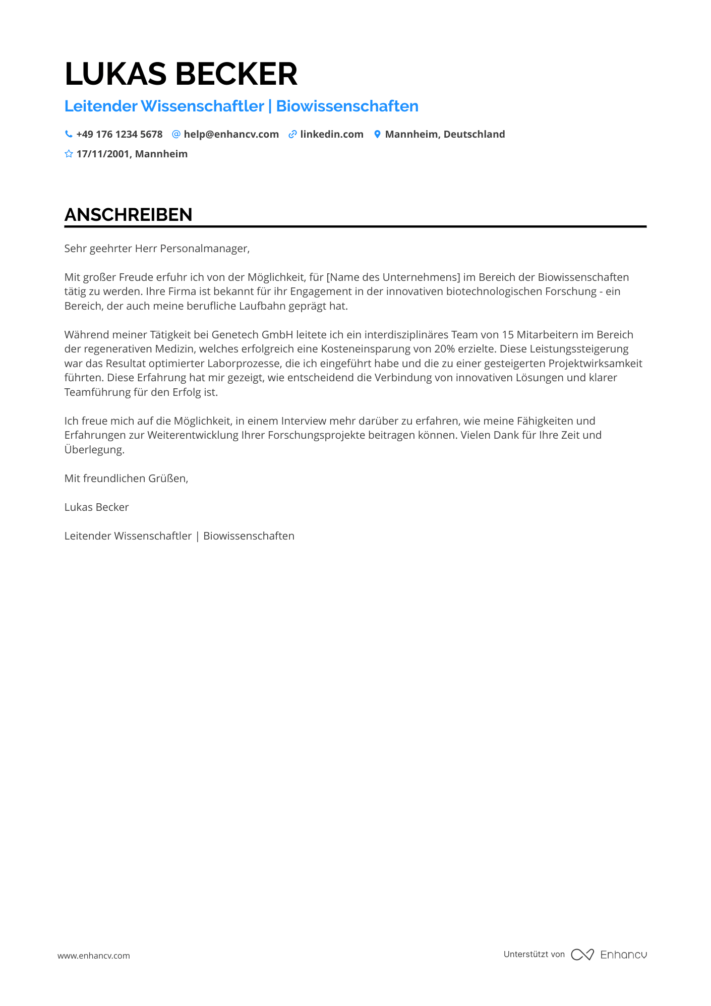 Leitender Wissenschaftler Resume Example