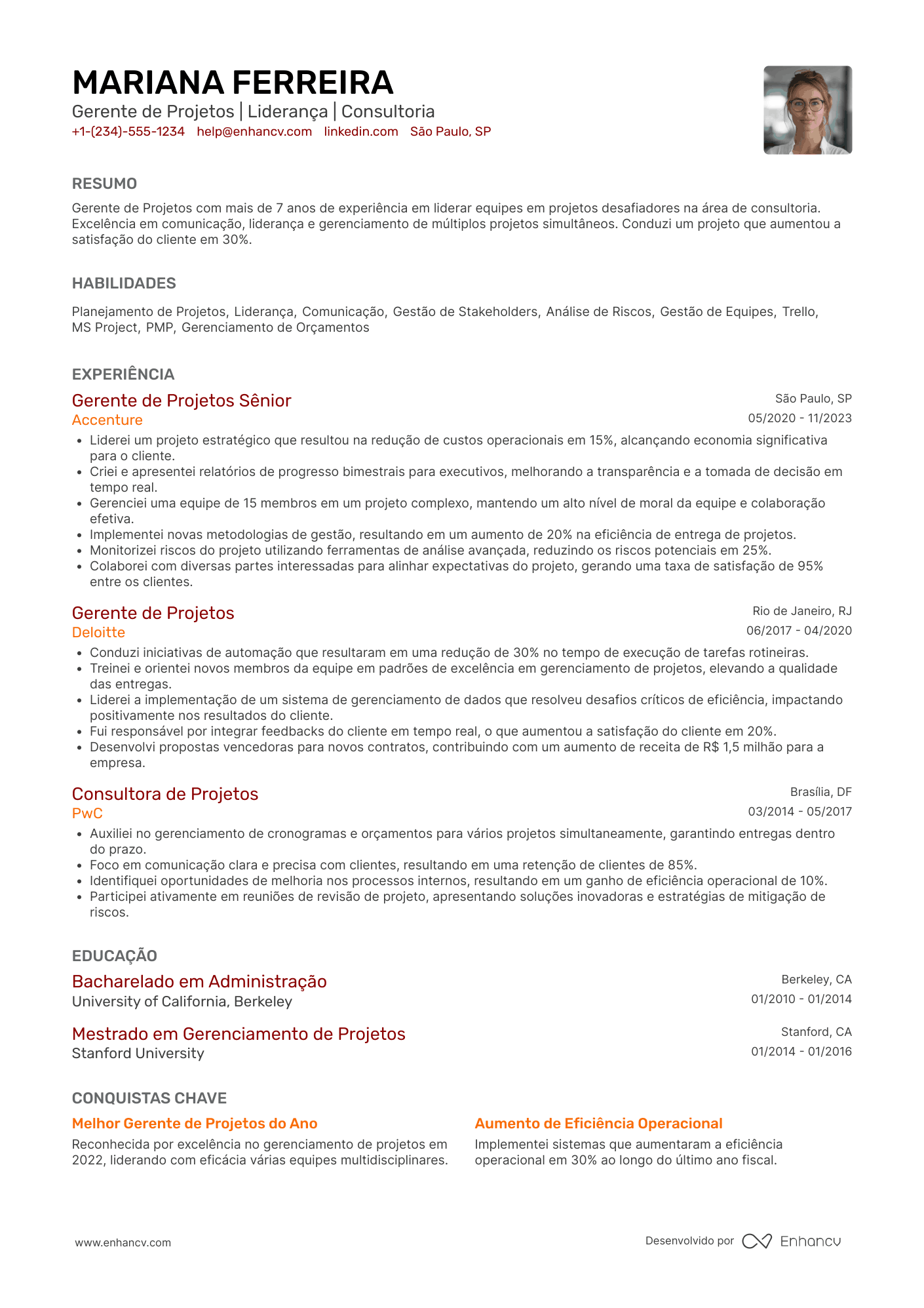 Currículo gerente de projetos consultoria Resume Example
