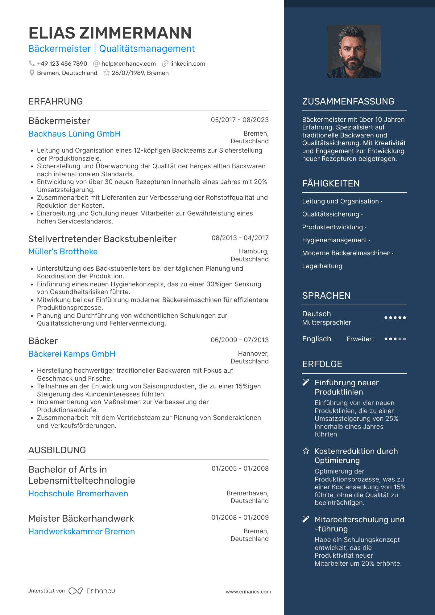 Lebenslauf als Bäckermeister Resume Example