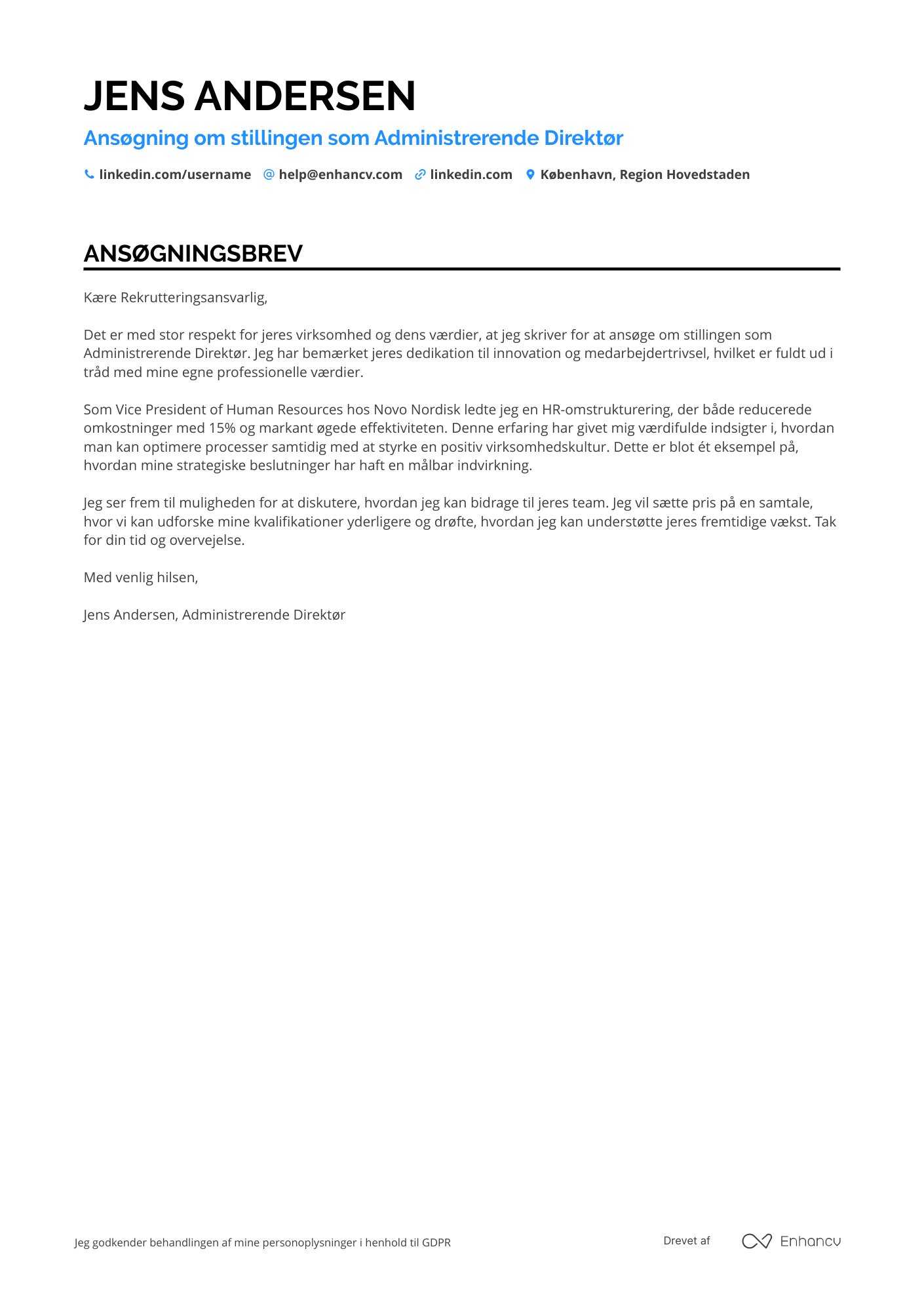 Ansøgningsbrev til Administrerende Direktør for HR Resume Example