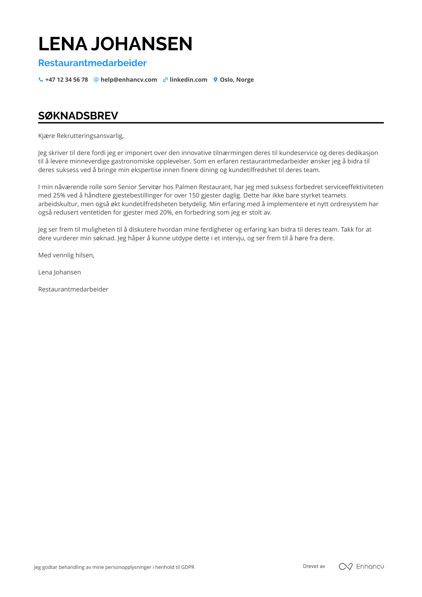 Søknadsbrev for Restaurantmedarbeider Fine Dining Resume Example