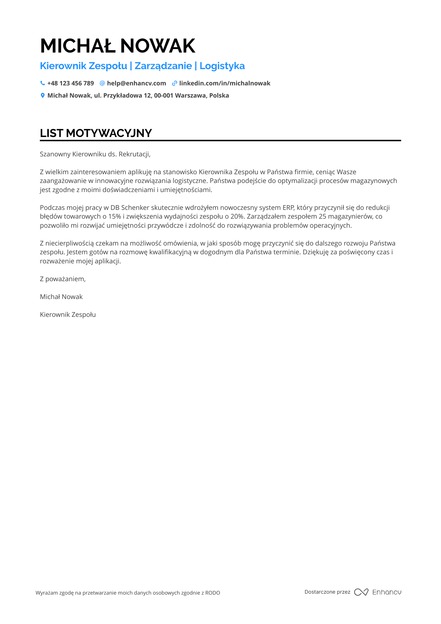 List motywacyjny dla Magazynier Kierownik Zespołu Resume Example