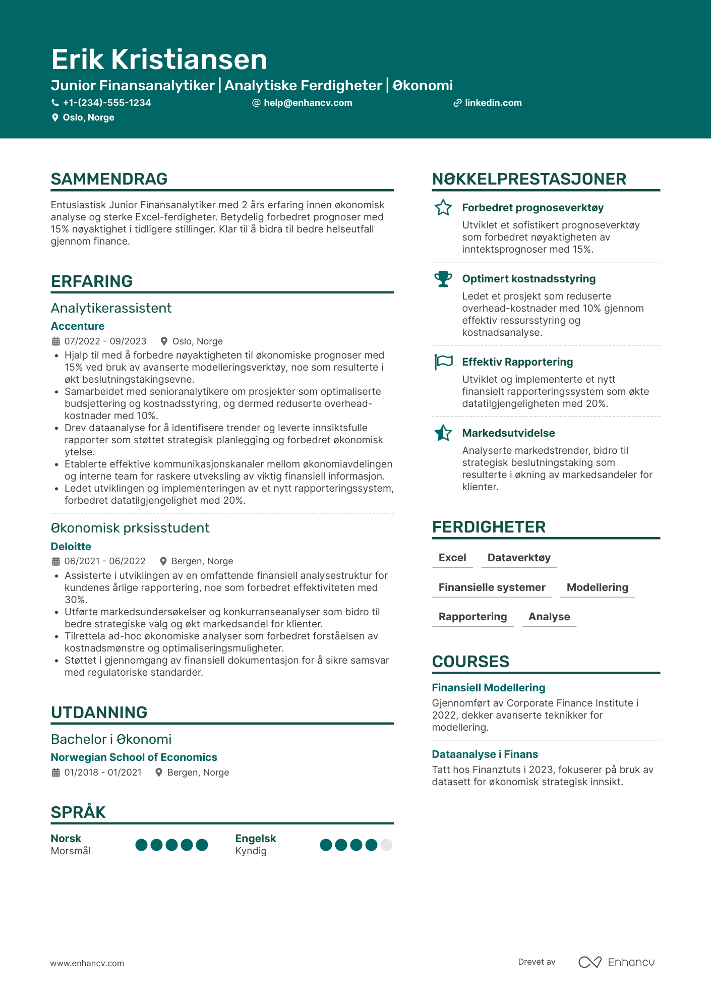 CV for Junior finansanalytiker innen helse Resume Example