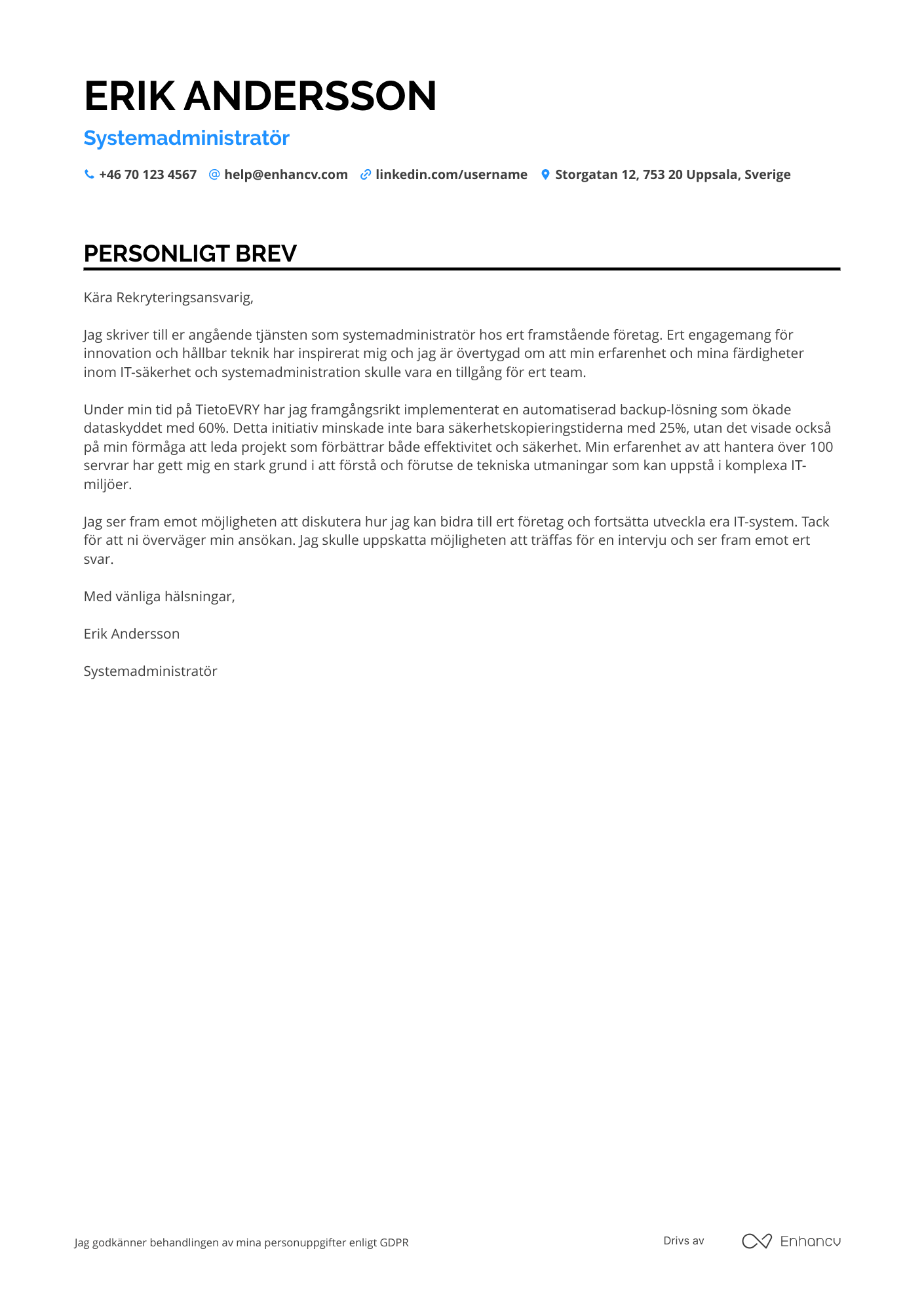 Personligt brev för Systemadministratör Resume Example