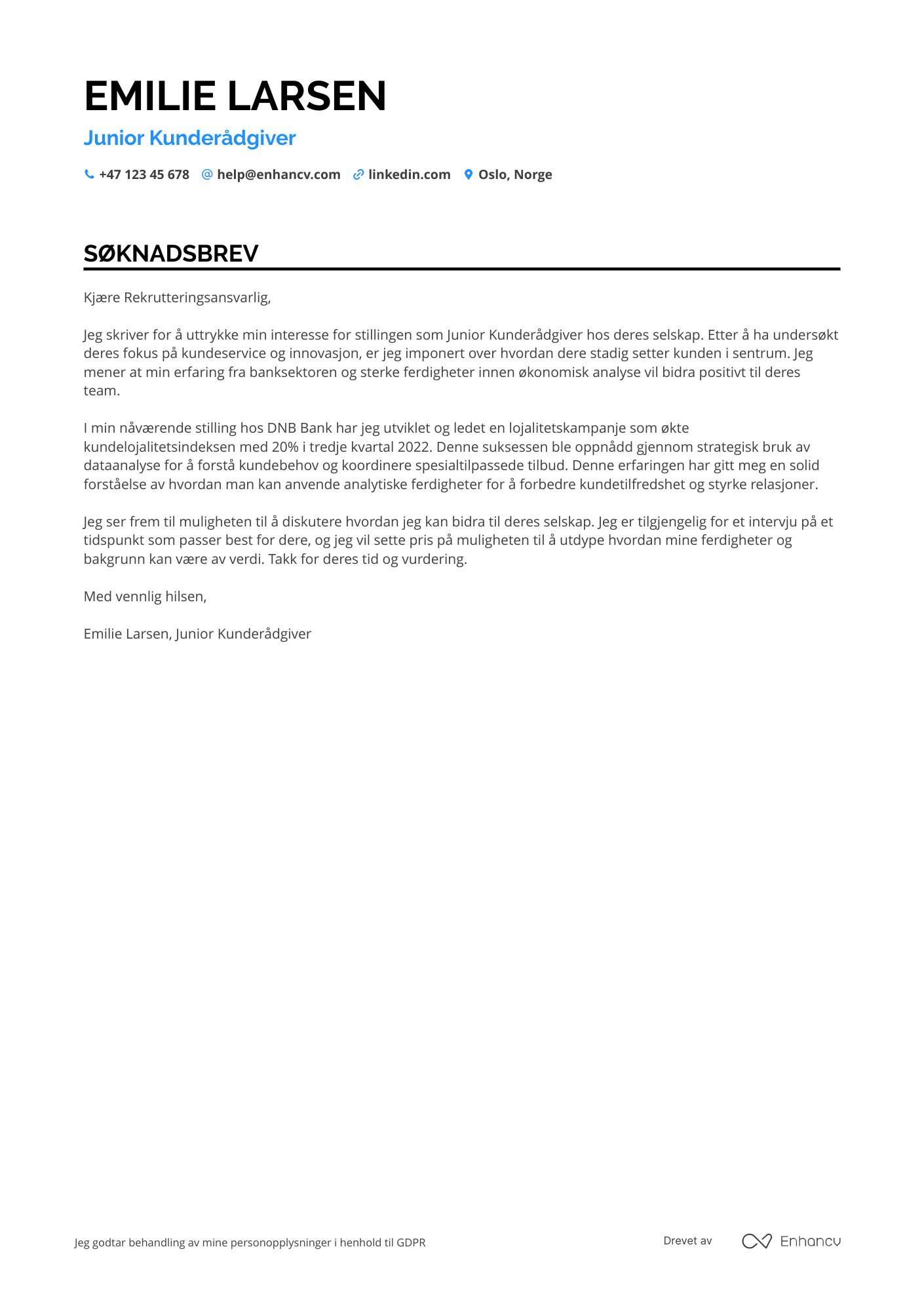 Søknadsbrev for Junior Kunderådgiver i Bank Resume Example