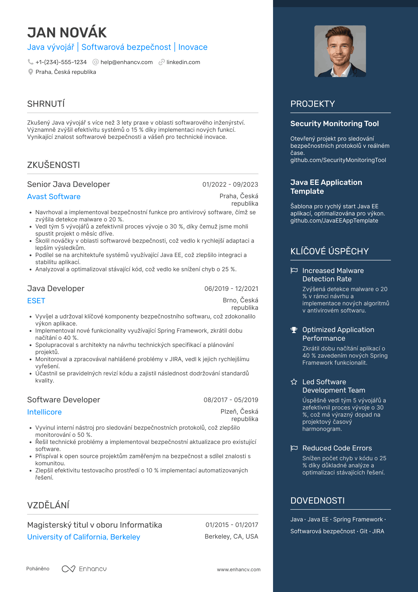 Životopis pro Java vývojář bezpečnostního softwaru Resume Example