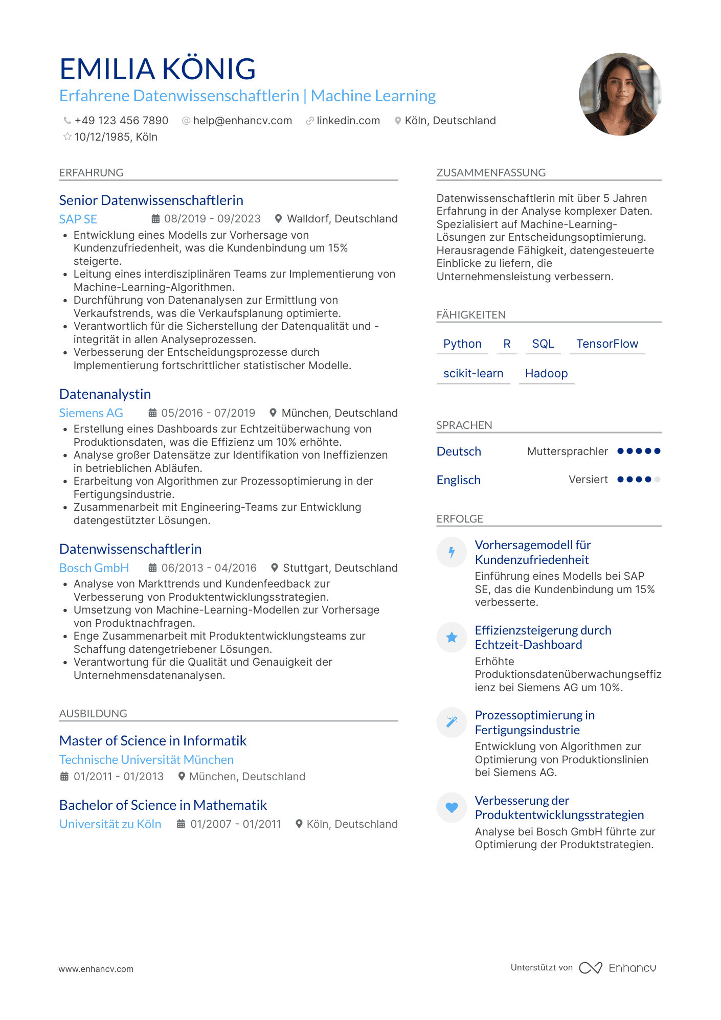 Lebenslauf als Datenwissenschaftler mit fortgeschrittener Erfahrung Resume Example
